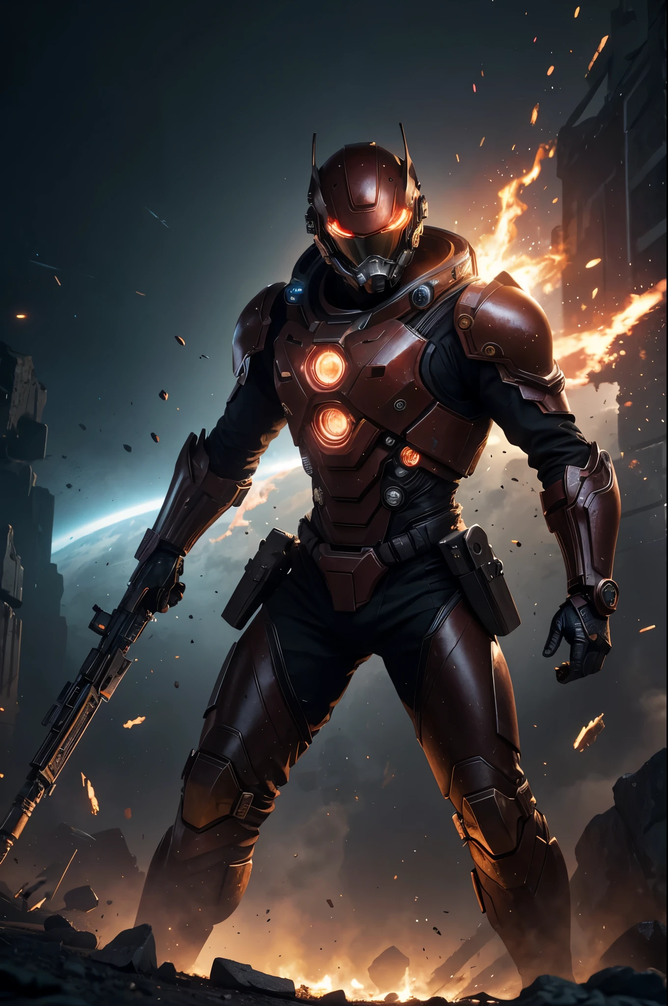 8K,3D,(special effects),Space Detective,red and black combat suit,２Two mono-eyes shine,fighting pose,wasteland,action scene,action pose,masterpiece,Photorealistic RAW photos of the highest quality。bright colors,rich colors, Backlight, cinematic lighting, film grain, 50mm lens, Nikon D850,beautiful expression,fantasy art,character art,ultra high resolution,Metal luster,countless LEDs(Mr.々Colorful glowing effect),metallic red and silver combat suit,Precise exterior skeleton,