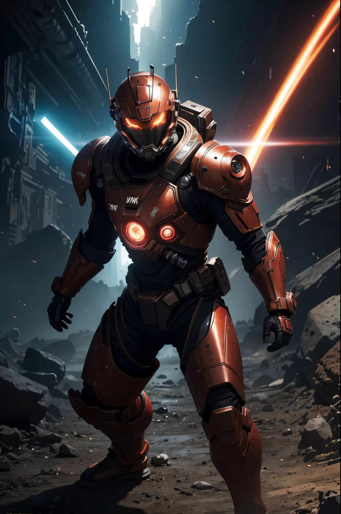 8K,3D,(special effects),Space Detective,red and black combat suit,２Two mono-eyes shine,fighting pose,wasteland,action scene,action pose,masterpiece,Photorealistic RAW photos of the highest quality。bright colors,rich colors, Backlight, cinematic lighting, film grain, 50mm lens, Nikon D850,beautiful expression,fantasy art,character art,ultra high resolution,Metal luster,countless LEDs(Mr.々Colorful glowing effect),metallic red and silver combat suit,Precise exterior skeleton,