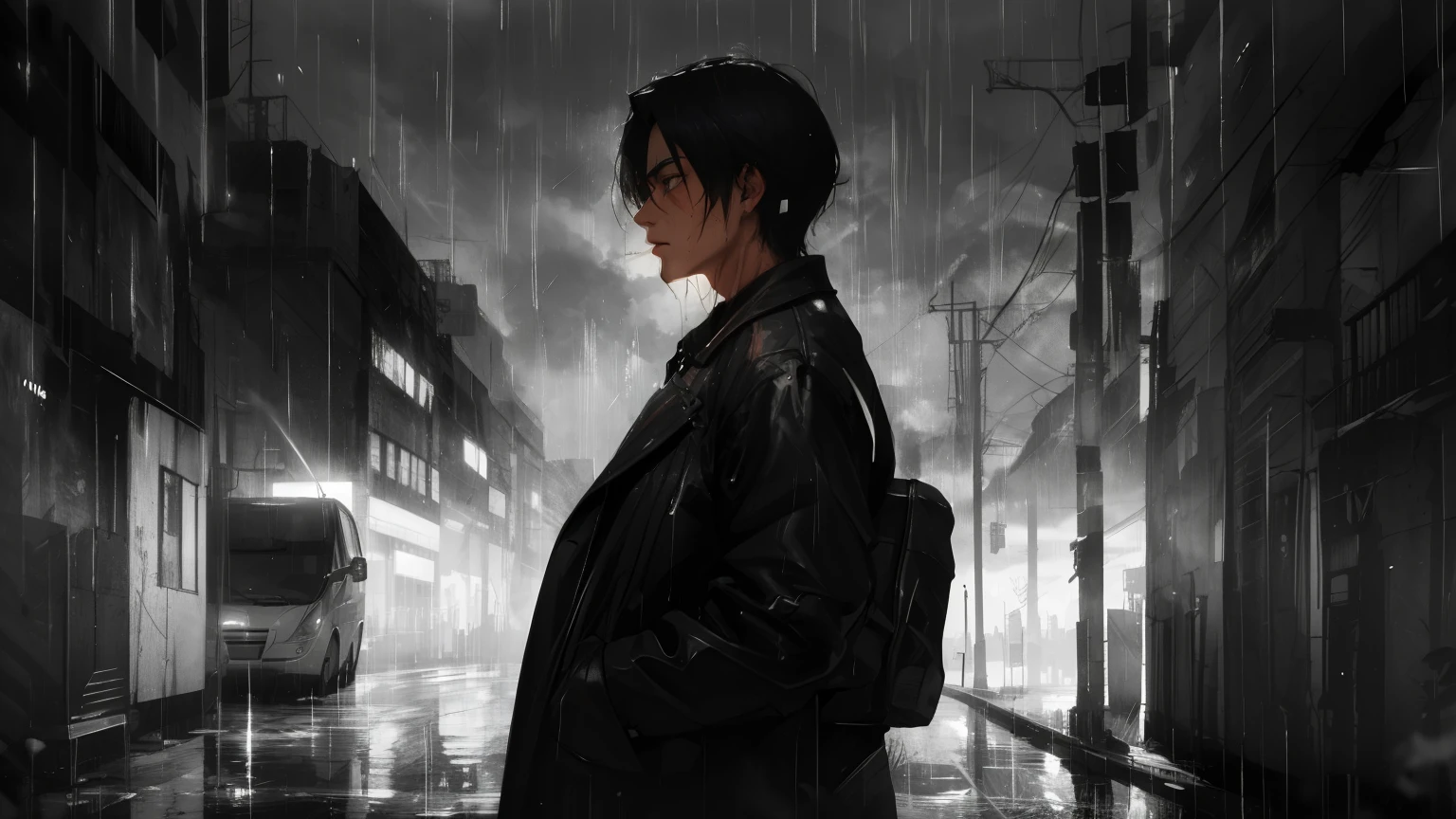 Anime guy standing in the rain smoking, There are drops of pop art on his face, still from anime, portraite of a, Hand holding cigarette, Eyes look into the distance, profile, waist up portrait, dark colored hair, sadly, Partial Color Saturation, City Street, urban style, drama, sad, rain