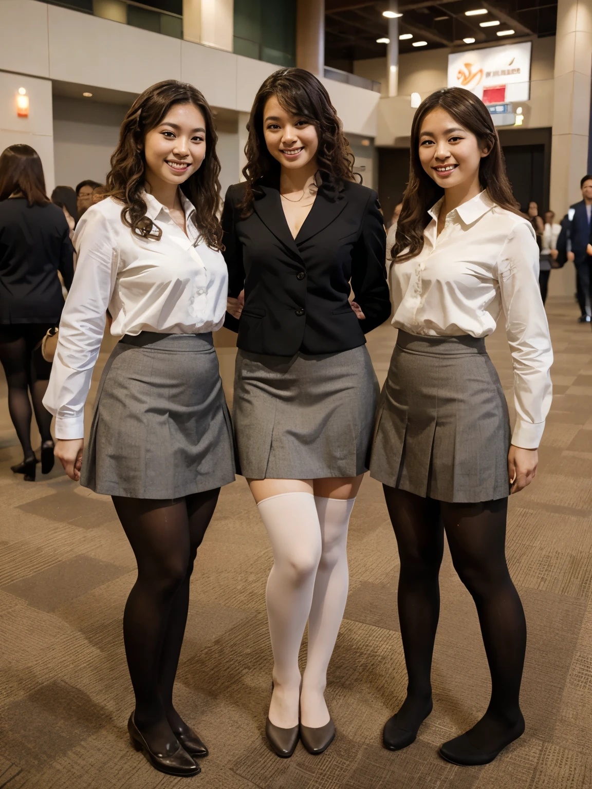 photo image, shots entire body, feet in view, 3 gorgeous Japanese women, curly hair, wearing professional attire, skirts, tights, no shoes, convention center, smiling, posing for picture, standing