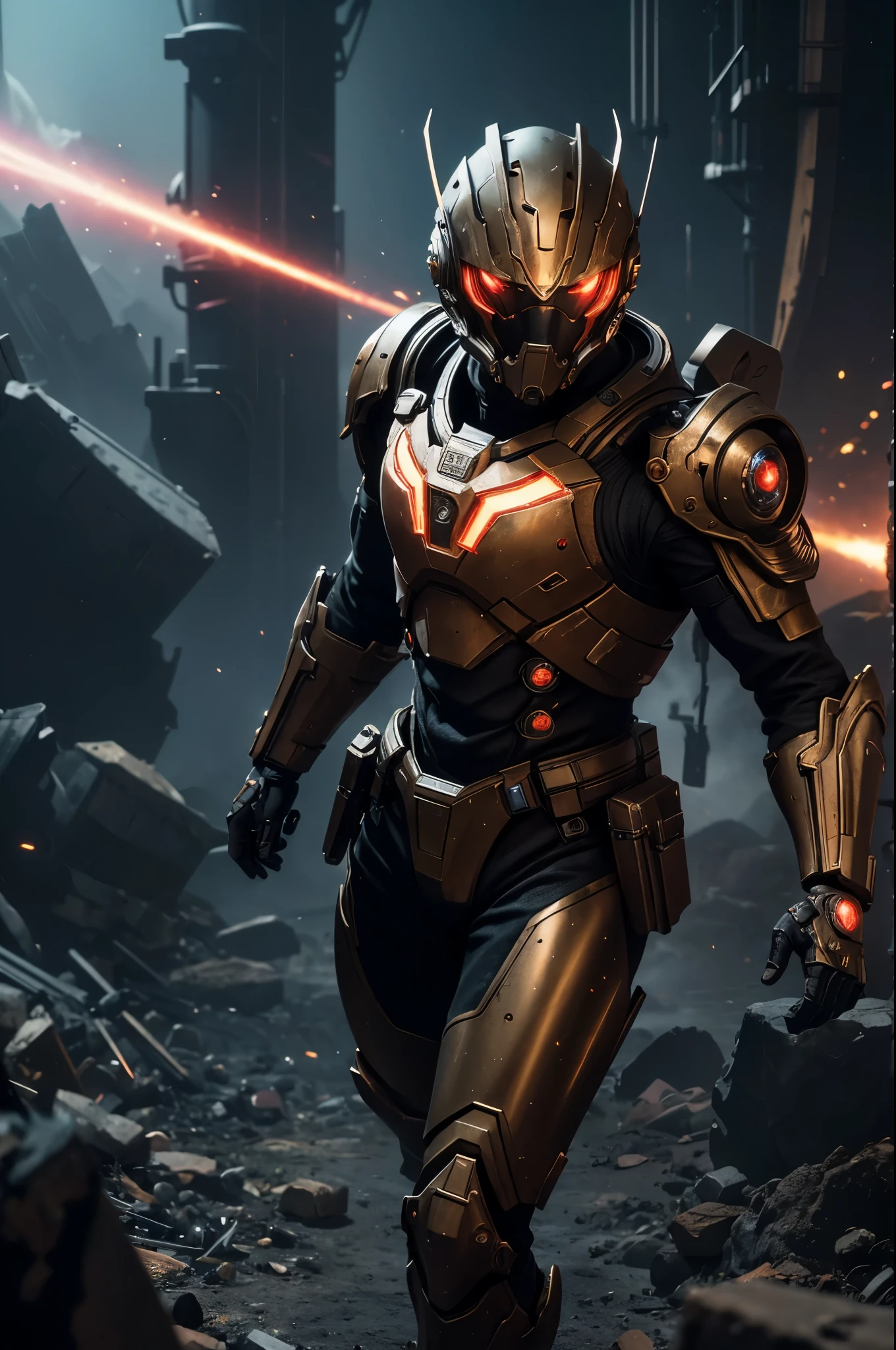8K,3D,(special effects),Space Detective,red and black combat suit,2Two mono-eyes shine,fighting pose,wasteland,action scene,action pose,masterpiece,Photorealistic RAW photos of the highest quality。bright colors,rich colors, Backlight, cinematic lighting, film grain, 50mm lens, Nikon D850,beautiful expression,fantasy art,character art,ultra high resolution,Metal luster,countless LEDs(Mr.々Colorful glowing effect),Precise exterior skeleton,