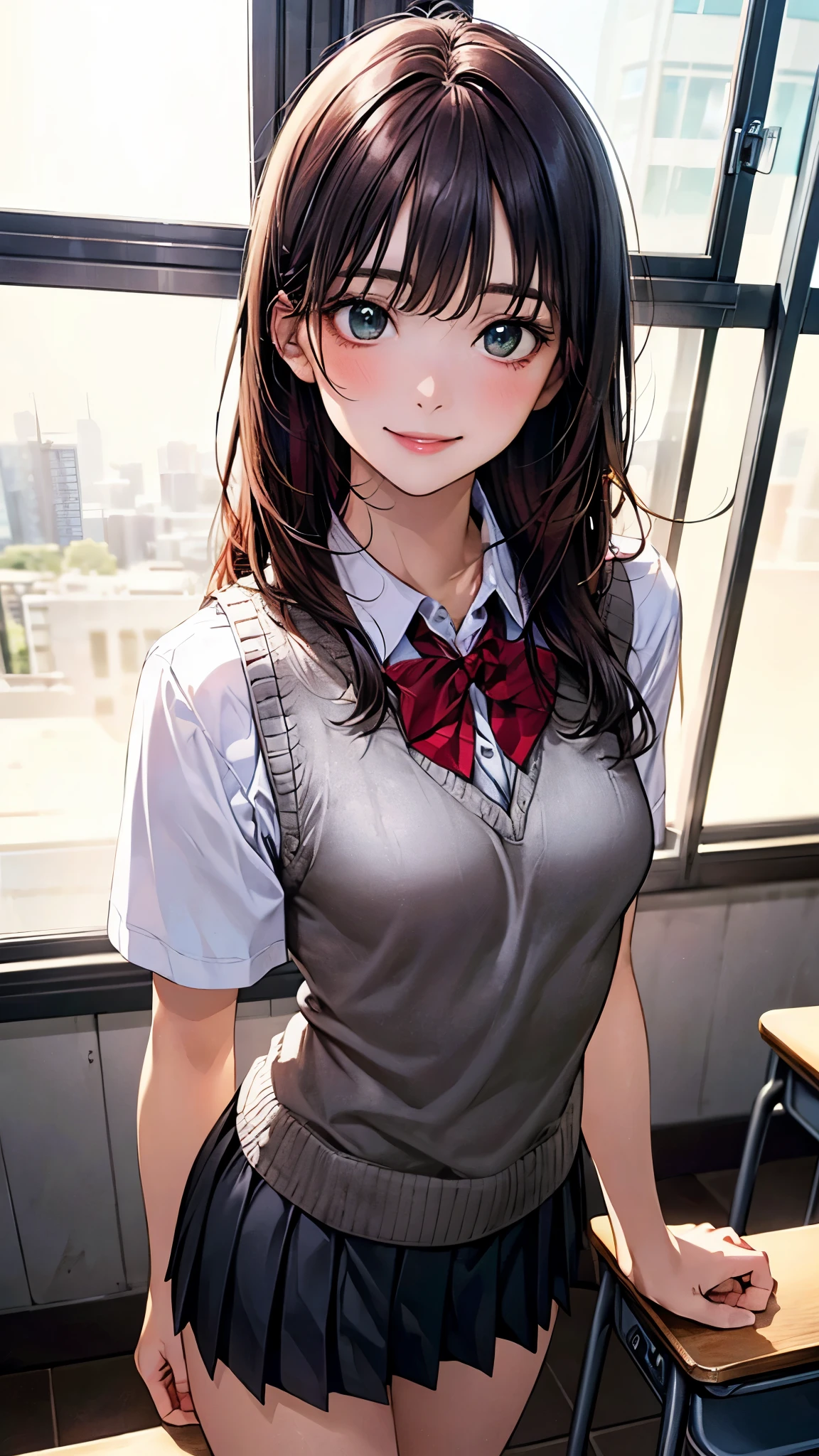(masterpiece:1.2, top-quality), (realistic, photorealistic:1.4), beautiful illustration, (natural side lighting, movie lighting), nsfw, 
looking at viewer, 1 girl, japanese, high school girl, perfect face, cute and symmetrical face, shiny skin, 
(long hair:1.5, straight hair:1.4, maroon hair), swept bangs, emerald greeneyes, long eye lasher, (medium breasts), slender, 
beautiful hair, beautiful face, beautiful detailed eyes, beautiful clavicle, beautiful body, beautiful chest, beautiful thigh, beautiful legs, beautiful fingers, 
((white collared shirts, grey pleated mini skirt, knitted vest), red bow tie), 
(beautiful scenery), evening, (school class room), standing, point at viewer, (smile, open mouse),
