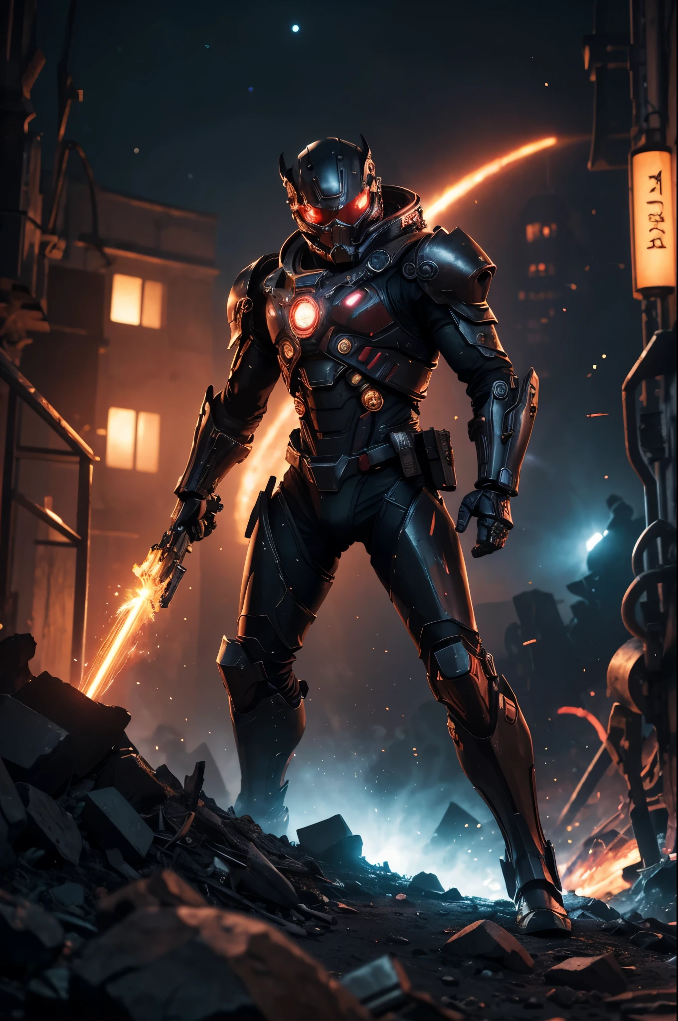 8K,3D,(special effects),Space Detective,red and black combat suit,２Two mono-eyes shine,fighting pose,wasteland,action scene,action pose,masterpiece,Photorealistic RAW photos of the highest quality。bright colors,rich colors, Backlight, cinematic lighting, film grain, 50mm lens, Nikon D850,beautiful expression,fantasy art,character art,ultra high resolution,Metal luster,countless LEDs(Mr.々Colorful glowing effect),metallic red and silver combat suit,Precise exterior skeleton,