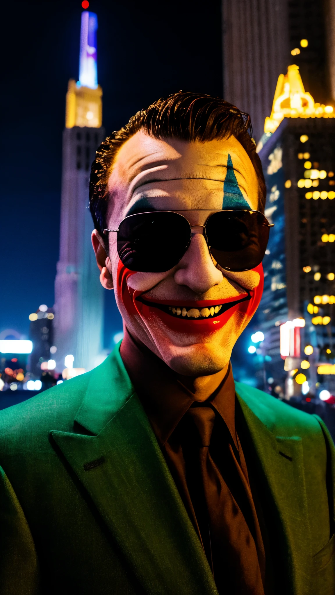 /joker in omib style, illustrator, masterpiece, high quality, 8k, high res, high detail, smiley, transparent sunglasses, cinematic overlay, vivid colors, cool soft lighting, chicago night, wind blowing, greg rutkowki style