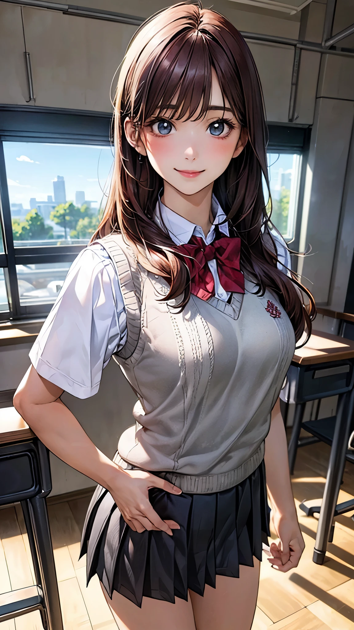 (masterpiece:1.2, top-quality), (realistic, photorealistic:1.4), beautiful illustration, (natural side lighting, movie lighting), nsfw, 
looking at viewer, 1 girl, japanese, high school girl, perfect face, cute and symmetrical face, shiny skin, 
(long hair:1.5, straight hair:1.4, maroon hair), swept bangs, emerald greeneyes, long eye lasher, (medium breasts), slender, 
beautiful hair, beautiful face, beautiful detailed eyes, beautiful clavicle, beautiful body, beautiful chest, beautiful thigh, beautiful legs, beautiful fingers, 
((white collared shirts, grey pleated mini skirt, knitted vest), red bow tie), 
(beautiful scenery), evening, (school class room), standing, point at viewer, (smile, open mouse),