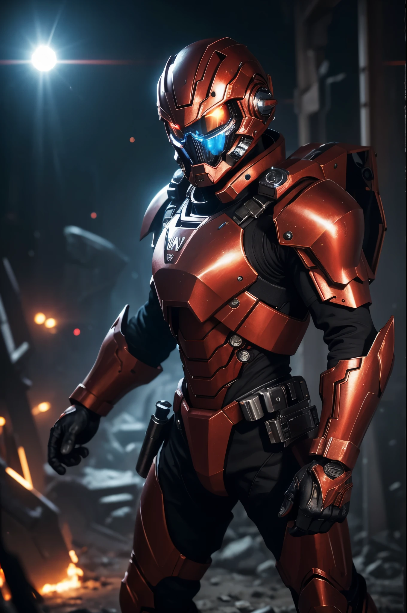 8K,3D,(special effects),Space Detective,red and black combat suit,２Two mono-eyes shine,fighting pose,wasteland,action scene,action pose,masterpiece,Photorealistic RAW photos of the highest quality。bright colors,rich colors, Backlight, cinematic lighting, film grain, 50mm lens, Nikon D850,beautiful expression,fantasy art,character art,ultra high resolution,Metal luster,countless LEDs(Mr.々Colorful glowing effect),metallic red and silver combat suit,Precise exterior skeleton,