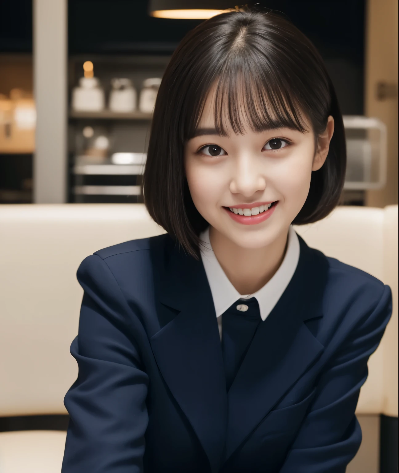 Close-up, masterpiece, Highest quality, Complete Anatomy、Raw photo, Photorealistic、(Cute face:1.8)、(Very cute smile:1.7)、(Round face:1.9)、(Cute like an idol:1.7), (Black-haired)、(Cute Uniform:1.7), Depth of written boundary, High resolution, Ultra-detailed, In detail, Very detailed, Very detailed目と顔, Realistic students, Sharp focus, Cinema Lighting、18-year-old female、(One Woman、Just One、solo、No background:1.9)、 (shortcut、Short-haired:1.4)、Very detailed8k壁紙、Please show me your whole body、Looking into the camera、(Too short checkered pleated skirt、I see your white pants、Puffy Panties、Lift up the hem of your skirt with both hands、show panties to camera:1.7)、(Brown long boots:1.4)、Angle from below、(太もものClose-up:1.6)、(A beautiful figure、Big breasts and small waist)、(Clothing that emphasizes the bulge of the chest、Huge boobs:1.6)、背景のDepth of written boundary