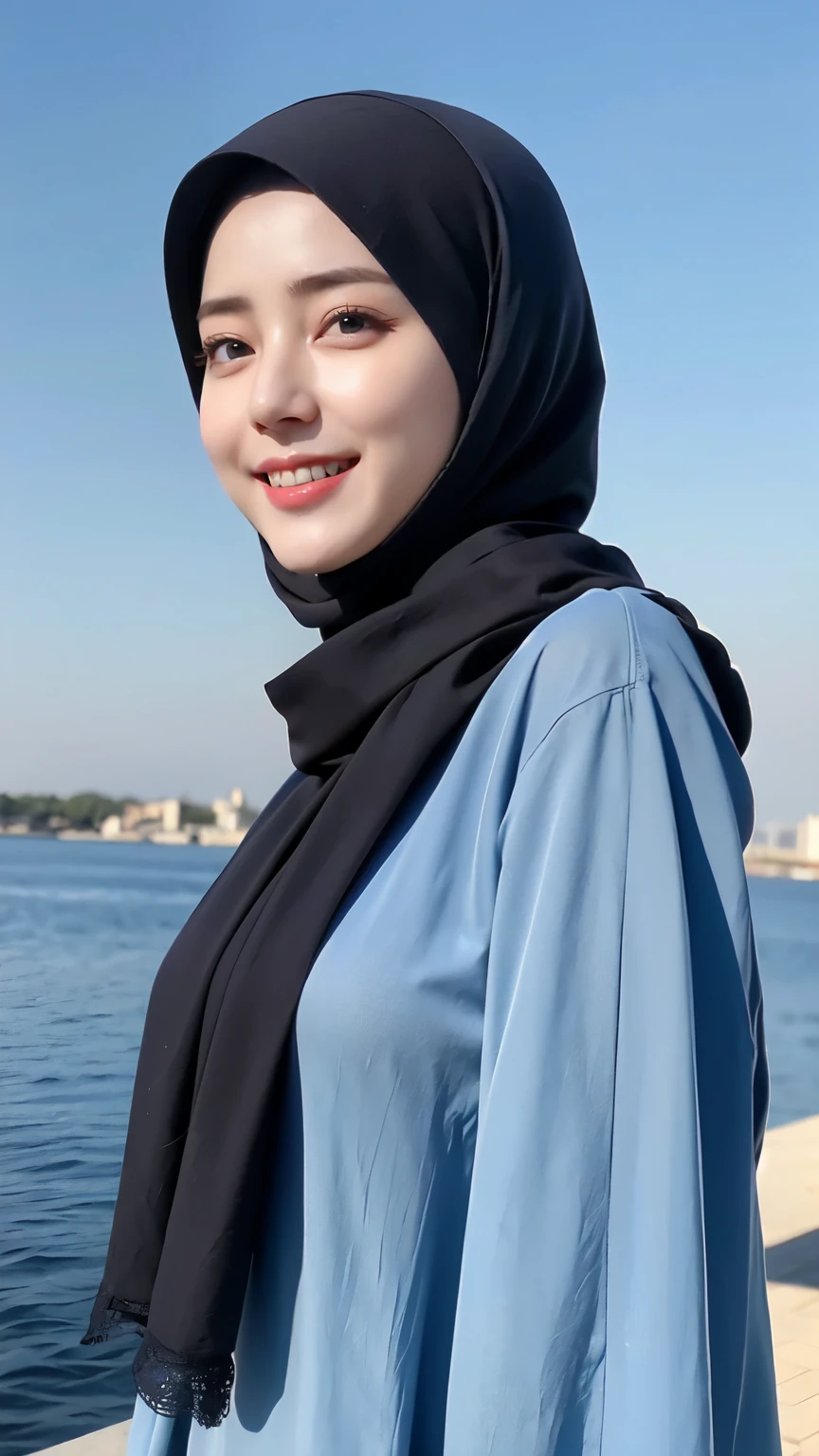 Three women in hijab blue collor, ((Best quality, 8k, Masterpiece :1.37)), (three women in hijab blue collor, smile), multiple people , three women in hijab blue collor, position:standing, style model, (three women in hijab blue collor), beautiful face, Beautiful detailed eyes, Korean eyes, nose detail, Natural Lips, 18 year old girl, black hair, very detailed face, ultra detailed body, slim body, smiling lips, erotic girl body, detailed breasts, Wearing Muslim hijab blue , luxurious jubba thobbe, blue sky view, slim body, realistic face, three women wearing hijabs