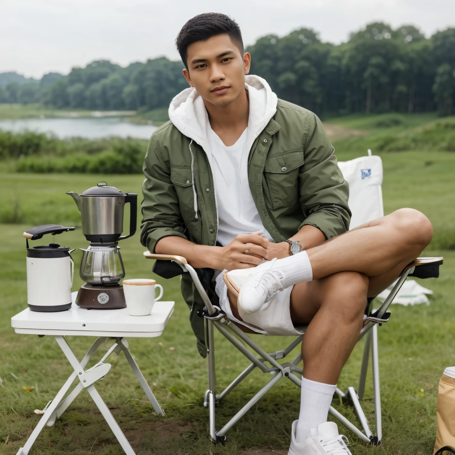 A handsome Indonesian man agged 23 years old with thin body and short undercut hair sits in a white folding chair, a portable folding chair, wearing a green jacket, white hoodie, and casual shorts. A folding table with a portable stove and coffee machine on it is placed on the green grass next to the chair. The setting shows an open field with trees and a lake in the distance