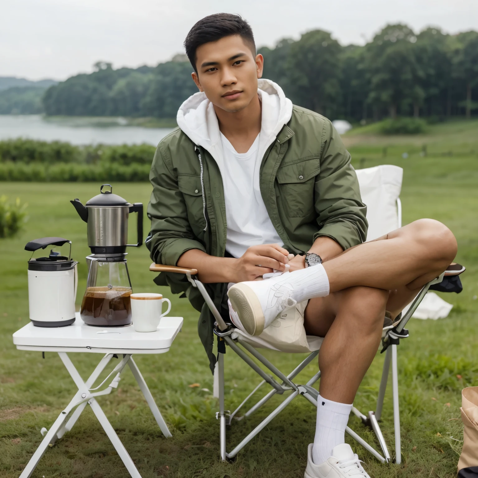 A handsome Indonesian man agged 23 years old with thin body and short undercut hair sits in a white folding chair, a portable folding chair, wearing a green jacket, white hoodie, and casual shorts. A folding table with a portable stove and coffee machine on it is placed on the green grass next to the chair. The setting shows an open field with trees and a lake in the distance