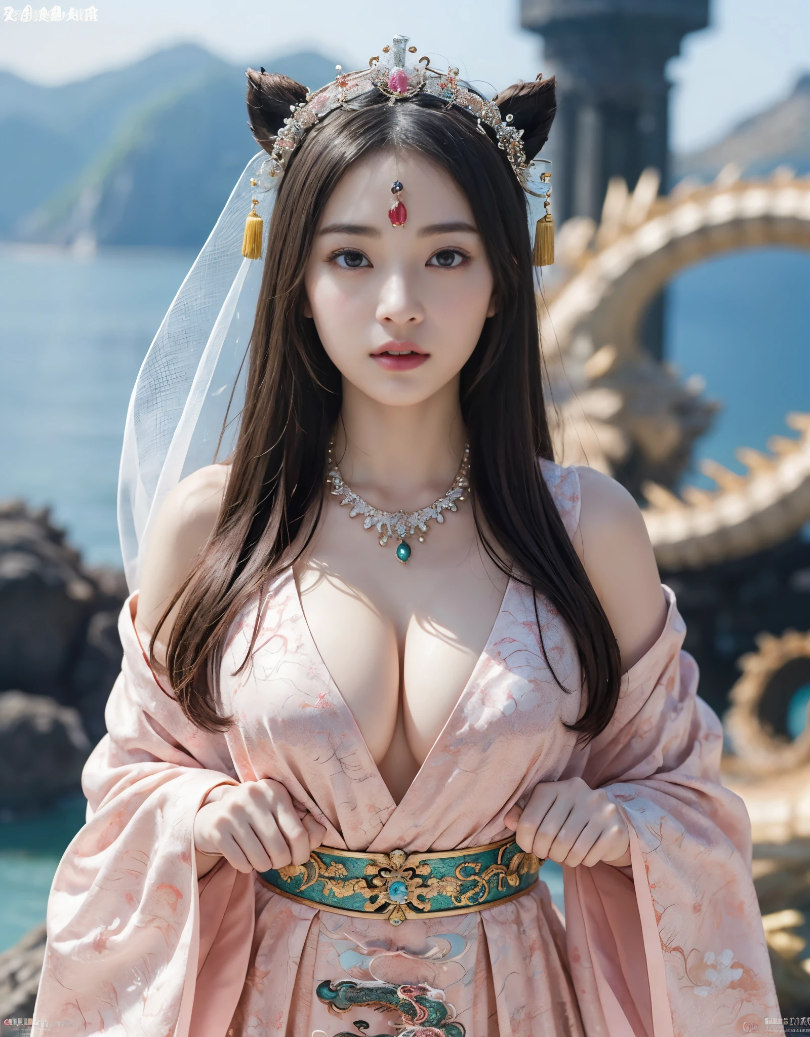 (extremely heavy breasts)、highest quality、masterpiece、ultra high resolution、（pink dragon armor）、(((Metal製))),(((big breasts)))、(((Detailed revealing pink micro bikini))),(she wears a beautiful crown made of precious stones.),(Photoreal:1.4)、RAW photo、1 girl、(((random hair))、(((color々take a pose)))、glowing skin、(((black chinese dragon)))、intricate and gorgeous hair ornaments、（Looks like a gorgeous jewelry necklace）、（someone who looks at you calmly, Eyes like a goddess.）happiness:1.2).((beautiful sea background))、cliff、(ruins background)、((Super realistic details))、portrait、global illumination、（sexy pose）、Shadow、octane rendering、16K、big breasts、Raw skin exposed in the cleavage、Metal、intricate decorative details、Japan details、very intricate details、realistic light、CG Society Trenlow Eyes、Eyes shining towards the camera、（veil）、(((heavy big))),Shining eyes shine、armpit、24K,