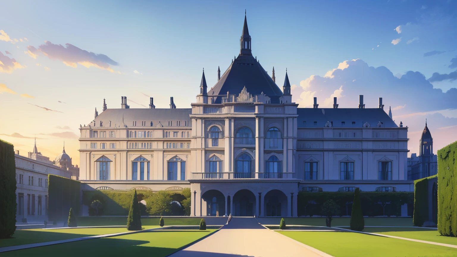 (masterpiece), (best quality), (ultra-detailed), (best illustration), (best shadow), (absurdres), front of a palace, large palace, garden with bushes, blue sky, palace with 3 floors, triangular roof