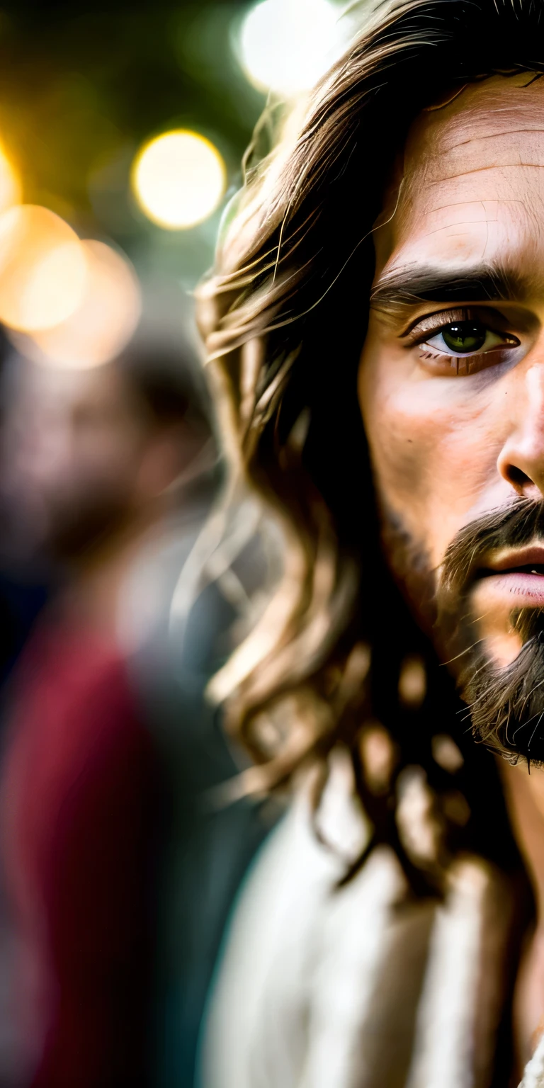 retrato do Jesus moderno, cinematic lighting, profundidade de campo, Bokeh, realismo, fotorrealista, hiperrealismo, fotografia profissional, Ultra-HD, dslr, HDR