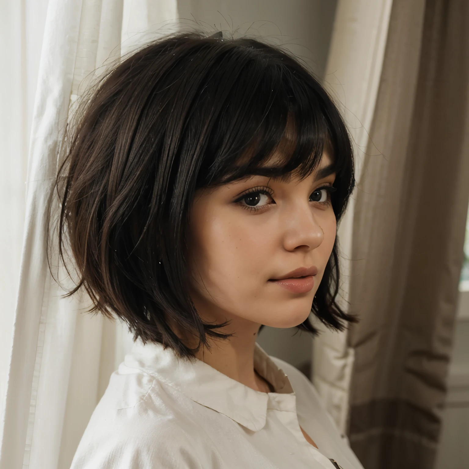 woman with short, black hair with curtain bangs and picked up from the side