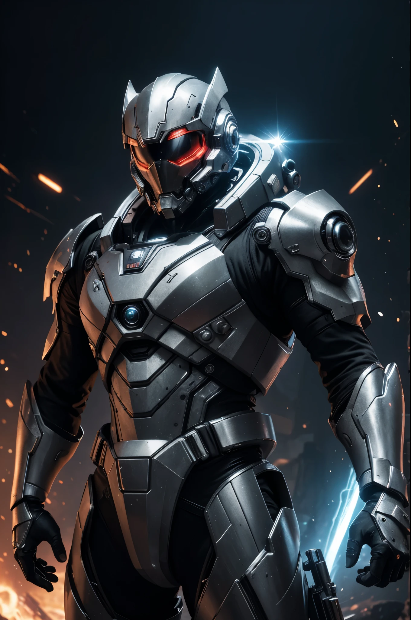 8K,3D,(special effects),Space Detective,silver and black combat suit,2Two mono-eyes shine,fighting pose,wasteland,action scene,action pose,masterpiece,Photorealistic RAW photos of the highest quality。bright colors,rich colors, Backlight, cinematic lighting, film grain, 50mm lens, Nikon D850,beautiful expression,fantasy art,character art,ultra high resolution,Metal luster,countless LEDs(Mr.々Colorful glowing effect),metallic red and silver combat suit,Precise exterior skeleton,prepare yourself,