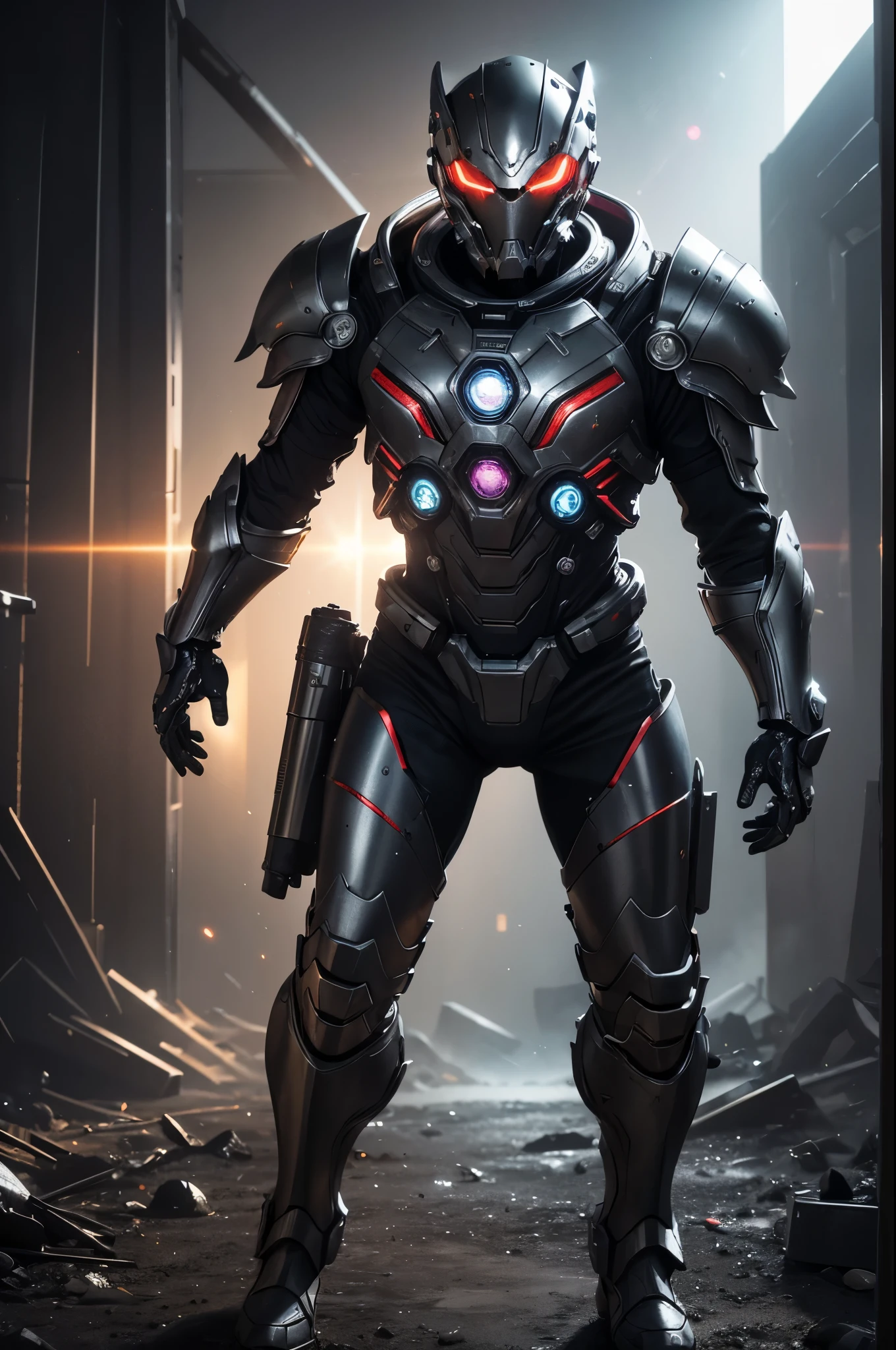 8K,3D,(special effects),Space Detective,red and black combat suit,２Two mono-eyes shine,fighting pose,wasteland,action scene,action pose,masterpiece,Photorealistic RAW photos of the highest quality。bright colors,rich colors, Backlight, cinematic lighting, film grain, 50mm lens, Nikon D850,beautiful expression,fantasy art,character art,ultra high resolution,Metal luster,countless LEDs(Mr.々Colorful glowing effect),metallic red and silver combat suit,Precise exterior skeleton,