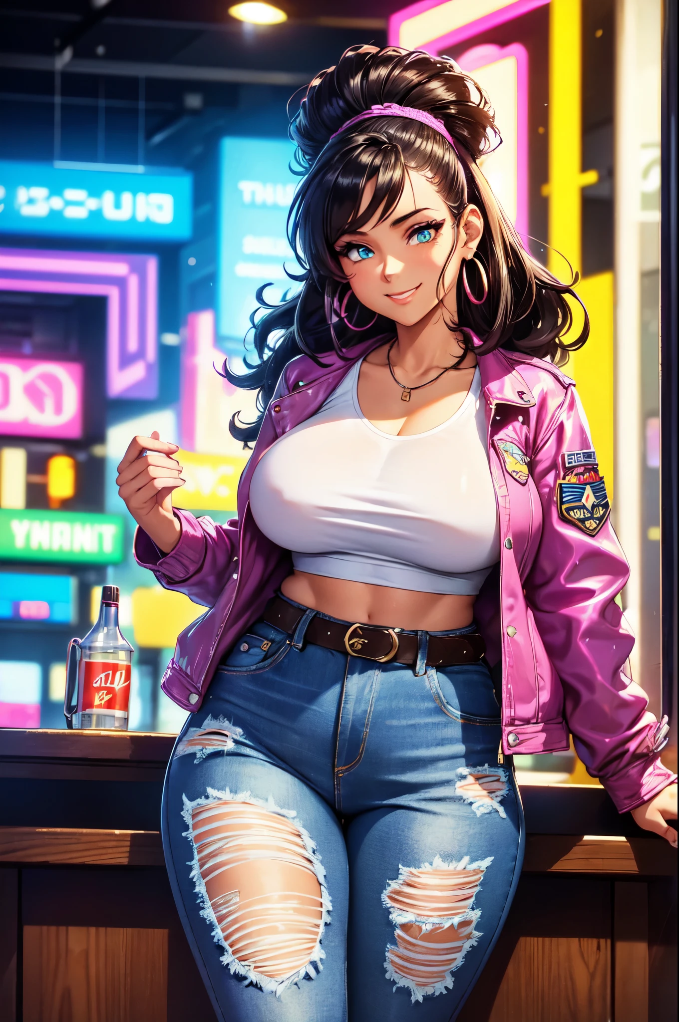 (High quality, High resolution, Fine details), retro fashion, neon lights, outfits from the 80's, high-waisted jeans, colorful patterns, denim jackets with patches, funky earrings, stylish headbands, solo, curvy women, big hair, slicked-back hair, sparkling eyes, (Detailed eyes:1.2), (vibrant makeup:0.2), smile, blush, Sweat, Oily skin, shallow depth of field