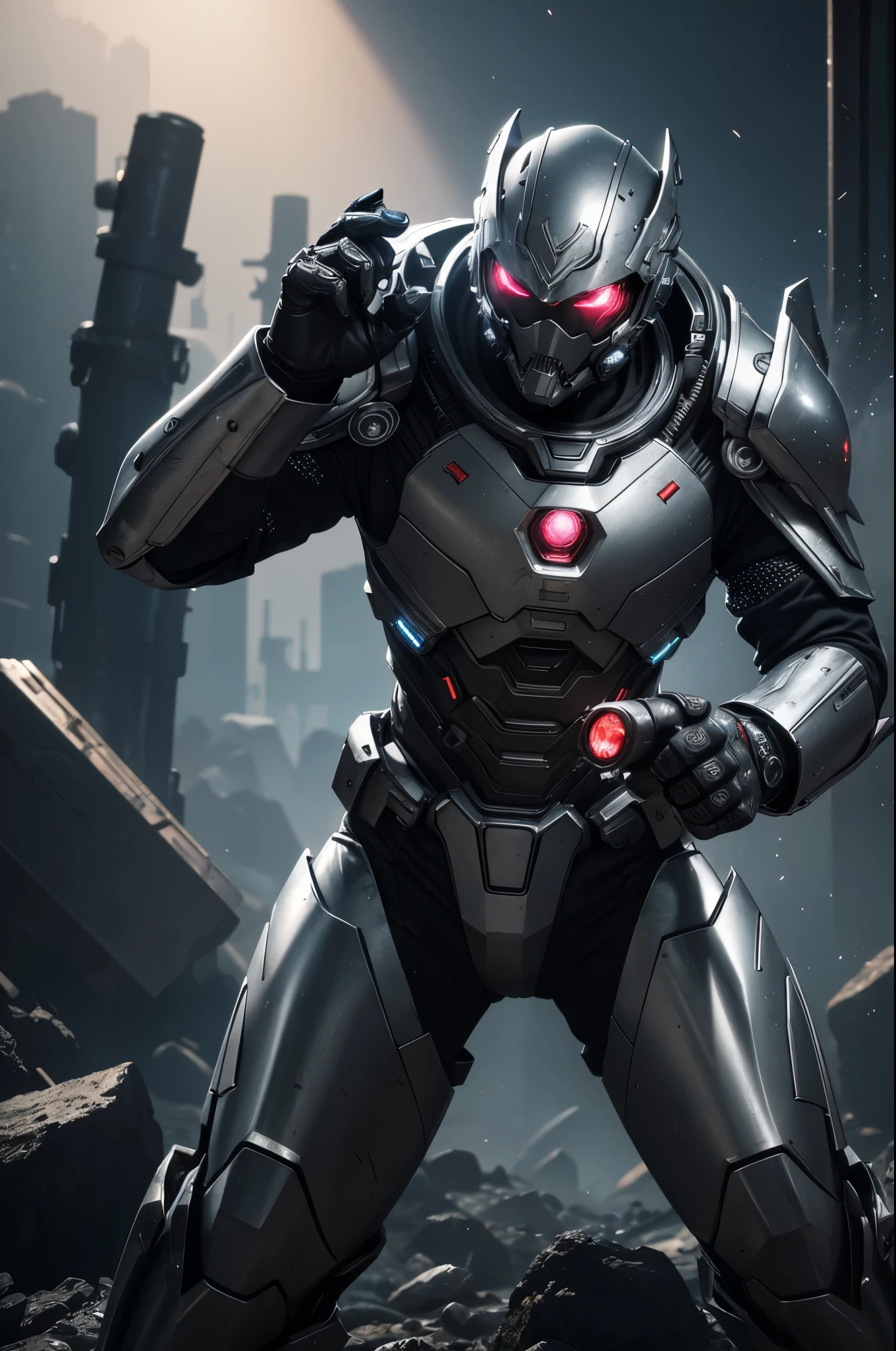 8K,3D,(special effects),Space Detective,silver and black combat suit,２Two mono-eyes shine,fighting pose,wasteland,action scene,action pose,masterpiece,Photorealistic RAW photos of the highest quality。bright colors,rich colors, Backlight, cinematic lighting, film grain, 50mm lens, Nikon D850,beautiful expression,fantasy art,character art,ultra high resolution,Metal luster,countless LEDs(Mr.々Colorful glowing effect),metallic red and silver combat suit,Precise exterior skeleton,prepare yourself,