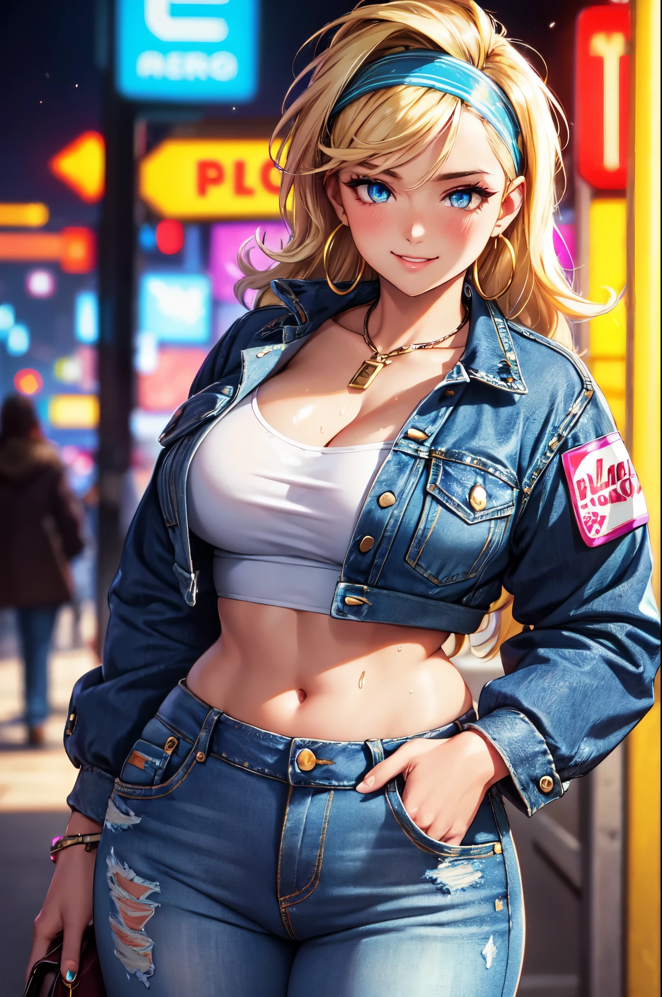 (High quality, High resolution, Fine details), retro fashion, neon lights, outfits from the 80's, high-waisted jeans, colorful patterns, denim jackets with patches, funky earrings, stylish headbands, solo, curvy women, blond hair, big hair, slicked-back hair, sparkling eyes, (Detailed eyes:1.2), (vibrant makeup:0.2), smile, blush, Sweat, Oily skin, shallow depth of field
