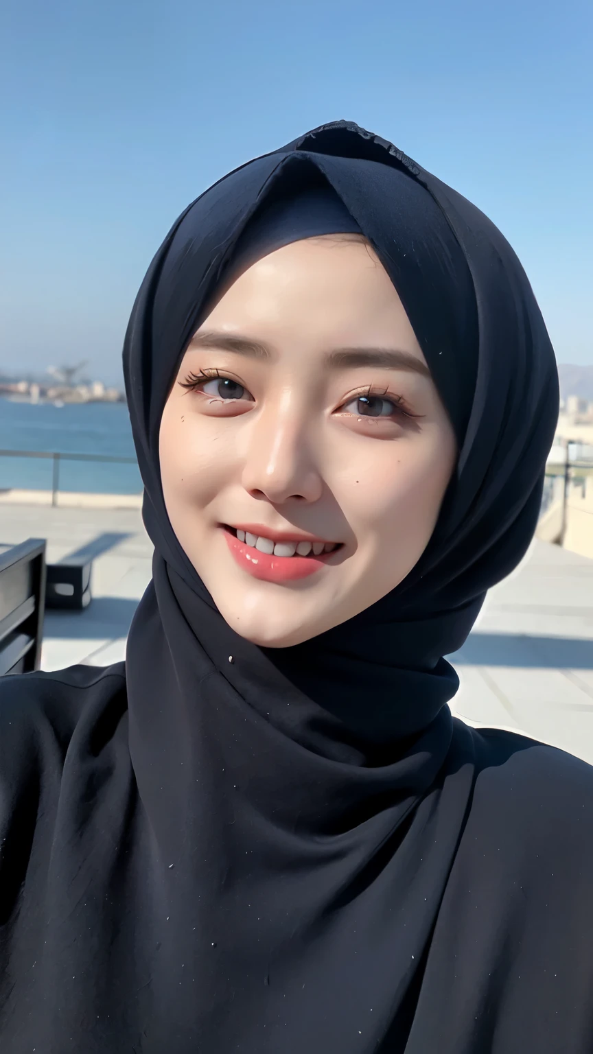Three women in hijab blue collor, ((Best quality, 8k, Masterpiece :1.37)), (three women in hijab blue collor, smile), multiple people , three women in hijab blue collor, position:standing, style model, (three women in hijab blue collor), beautiful face, Beautiful detailed eyes, Korean eyes, nose detail, Natural Lips, 18 year old girl, black hair, very detailed face, ultra detailed body, slim body, smiling lips, erotic girl body, detailed breasts, Wearing Muslim hijab blue , luxurious jubba thobbe, blue sky view, slim body, realistic face, three women wearing hijabs