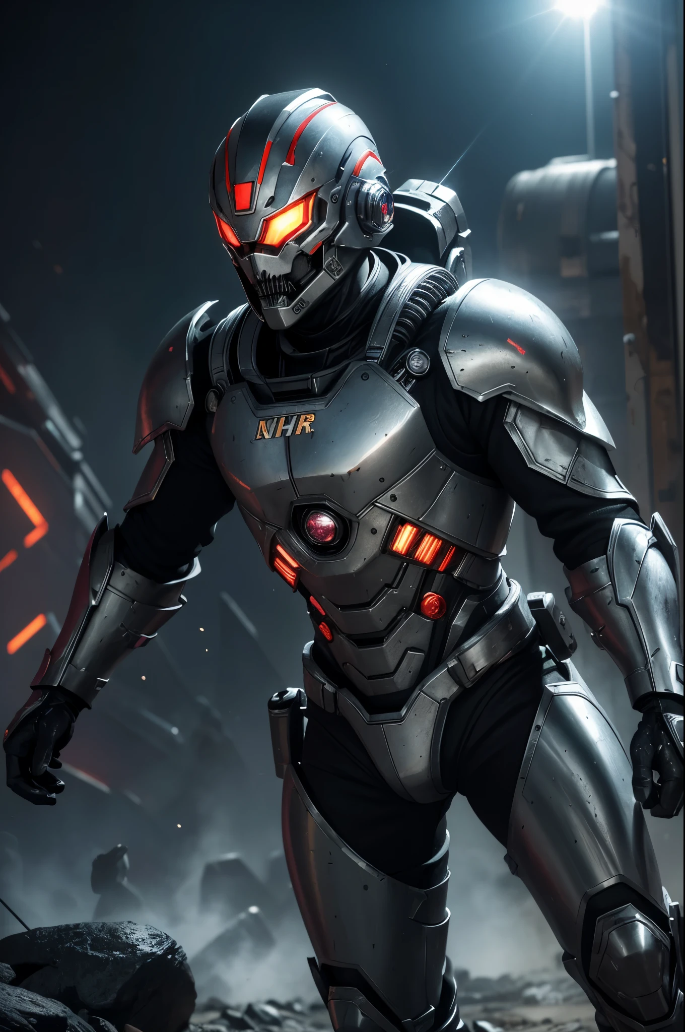 8K,3D,(special effects),Space Detective,red and black combat suit,２Two mono-eyes shine,fighting pose,wasteland,action scene,action pose,masterpiece,Photorealistic RAW photos of the highest quality。bright colors,rich colors, Backlight, cinematic lighting, film grain, 50mm lens, Nikon D850,beautiful expression,fantasy art,character art,ultra high resolution,Metal luster,countless LEDs(Mr.々Colorful glowing effect),metallic red and silver combat suit,Precise exterior skeleton,