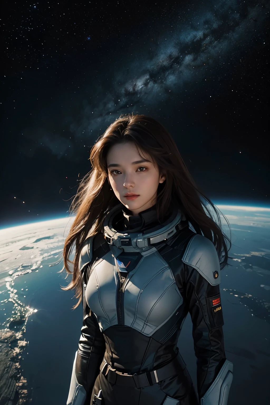 A beautiful woman. Twenty years old. Dark brown hair. A simple space suit. No visor. An image of a multidimensional universe in her background.