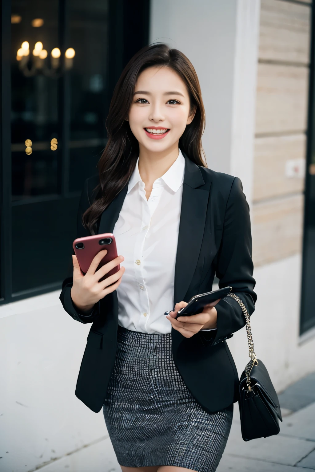 purely、Make a call with your smartphone、Beautiful woman、business、black jacket、White Button Shirt、Tight Skirt、picture、detailed face、detailed lips、detailed eye、laughter