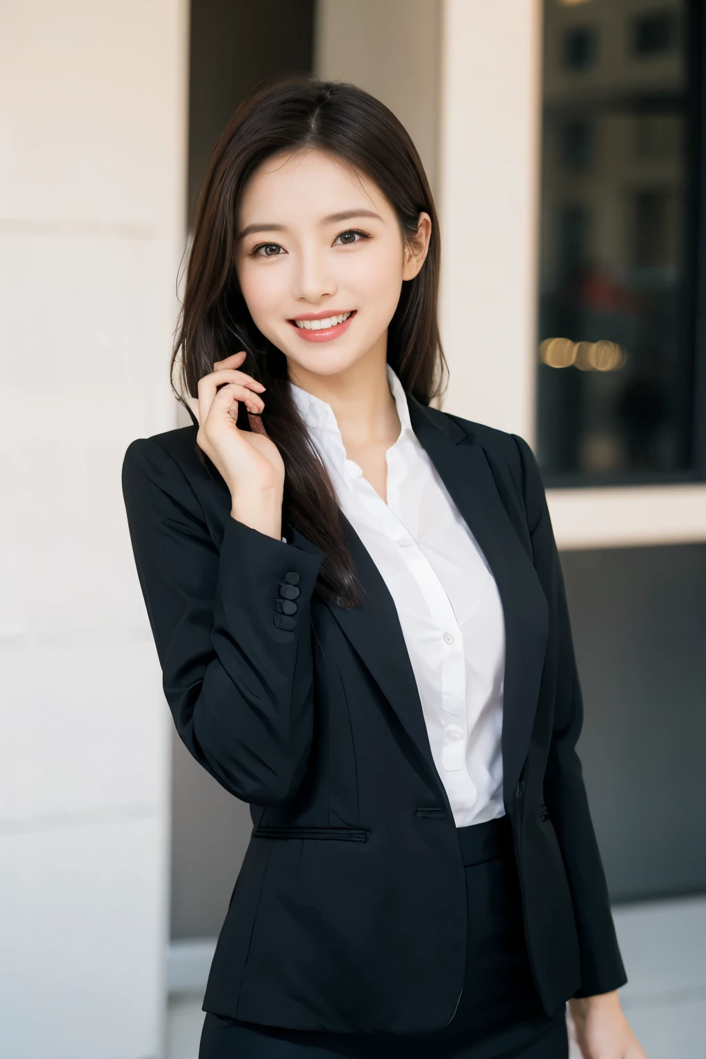 purely、Make a call with your smartphone、Beautiful woman、business、black jacket、White Button Shirt、Tight Skirt、picture、detailed face、detailed lips、detailed eye、laughter