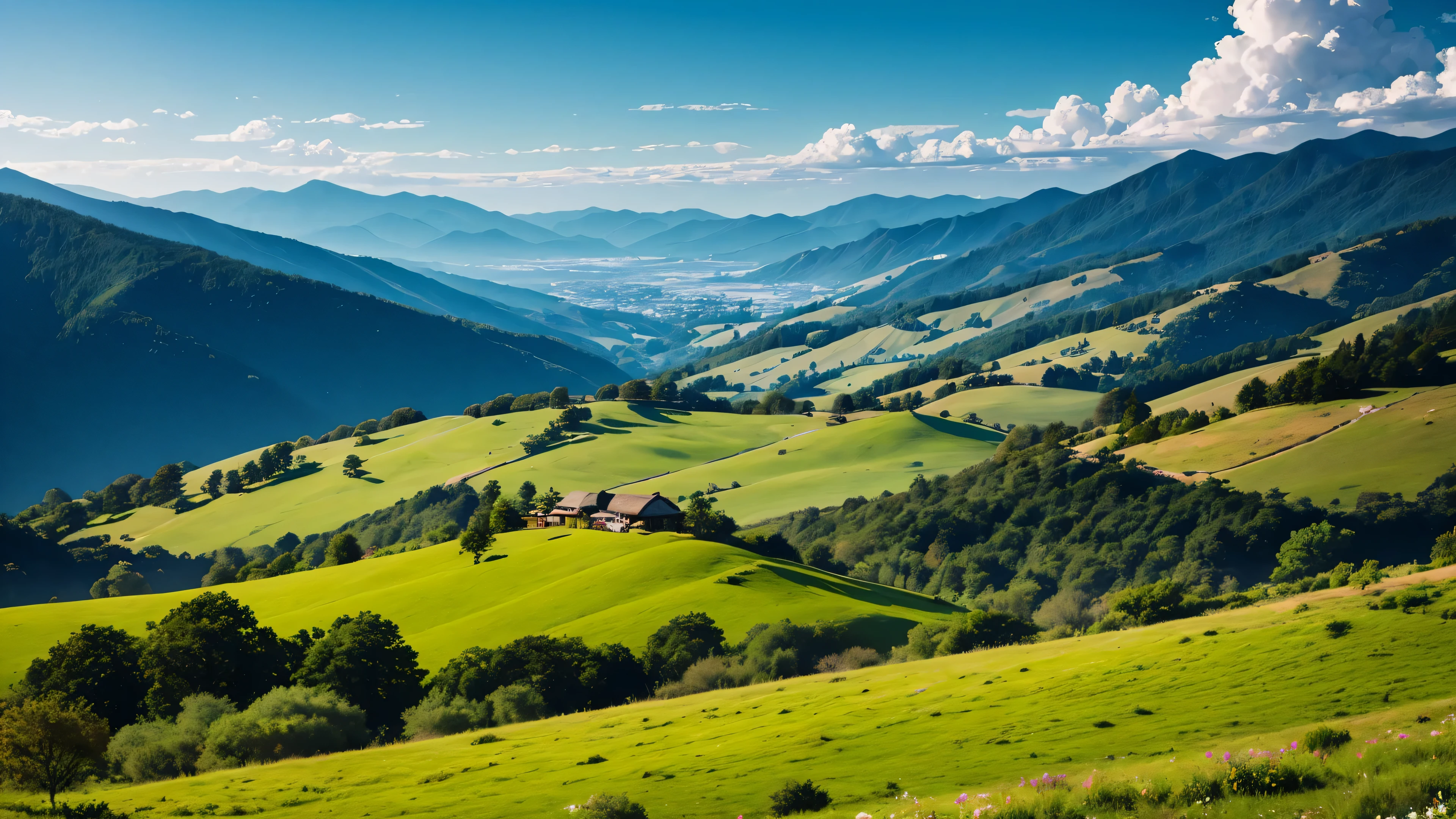 A breathtaking masterpiece of a landscape, with rolling hills, vibrant colors, and a sense of tranquility that can only be found in nature's most beautiful creations.