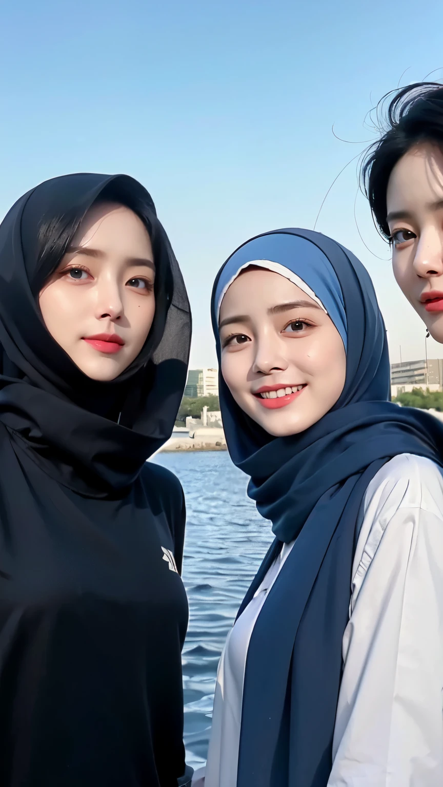 Three women in hijab blue collor, ((Best quality, 8k, Masterpiece :1.37)), (three women in hijab blue collor, smile), multiple people , three women in hijab blue collor, position:standing, style model, (three women in hijab blue collor), beautiful face, Beautiful detailed eyes, Korean eyes, nose detail, Natural Lips, 18 year old girl, black hair, very detailed face, ultra detailed body, slim body, smiling lips, erotic girl body, detailed breasts, Wearing Muslim hijab blue , luxurious jubba thobbe, blue sky view, slim body, realistic face, three women wearing hijabs