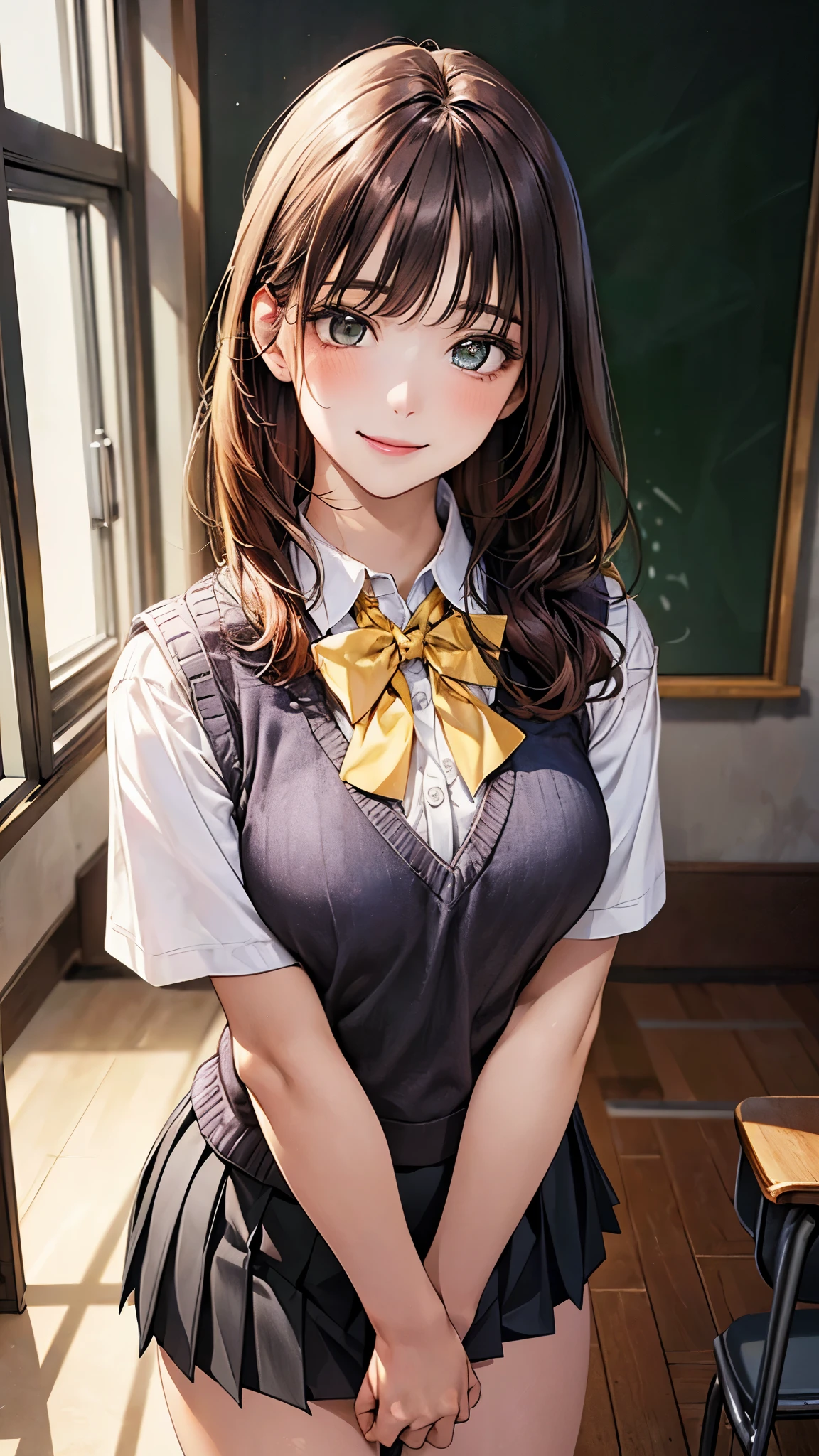 (masterpiece:1.2, top-quality), (realistic, photorealistic:1.4), beautiful illustration, (natural side lighting, movie lighting), nsfw, 
looking at viewer, 1 girl, japanese, high school girl, perfect face, cute and symmetrical face, shiny skin, 
(long hair:1.5, straight hair:1.4, maroon hair), swept bangs, emerald greeneyes, long eye lasher, (medium breasts), slender, 
beautiful hair, beautiful face, beautiful detailed eyes, beautiful clavicle, beautiful body, beautiful chest, beautiful thigh, beautiful legs, beautiful fingers, 
((white collared shirts, grey pleated mini skirt, yellow grown knitted vest), dark red bow tie), 
(beautiful scenery), evening, (school class room), standing, (point at viewer, smile, open mouse),