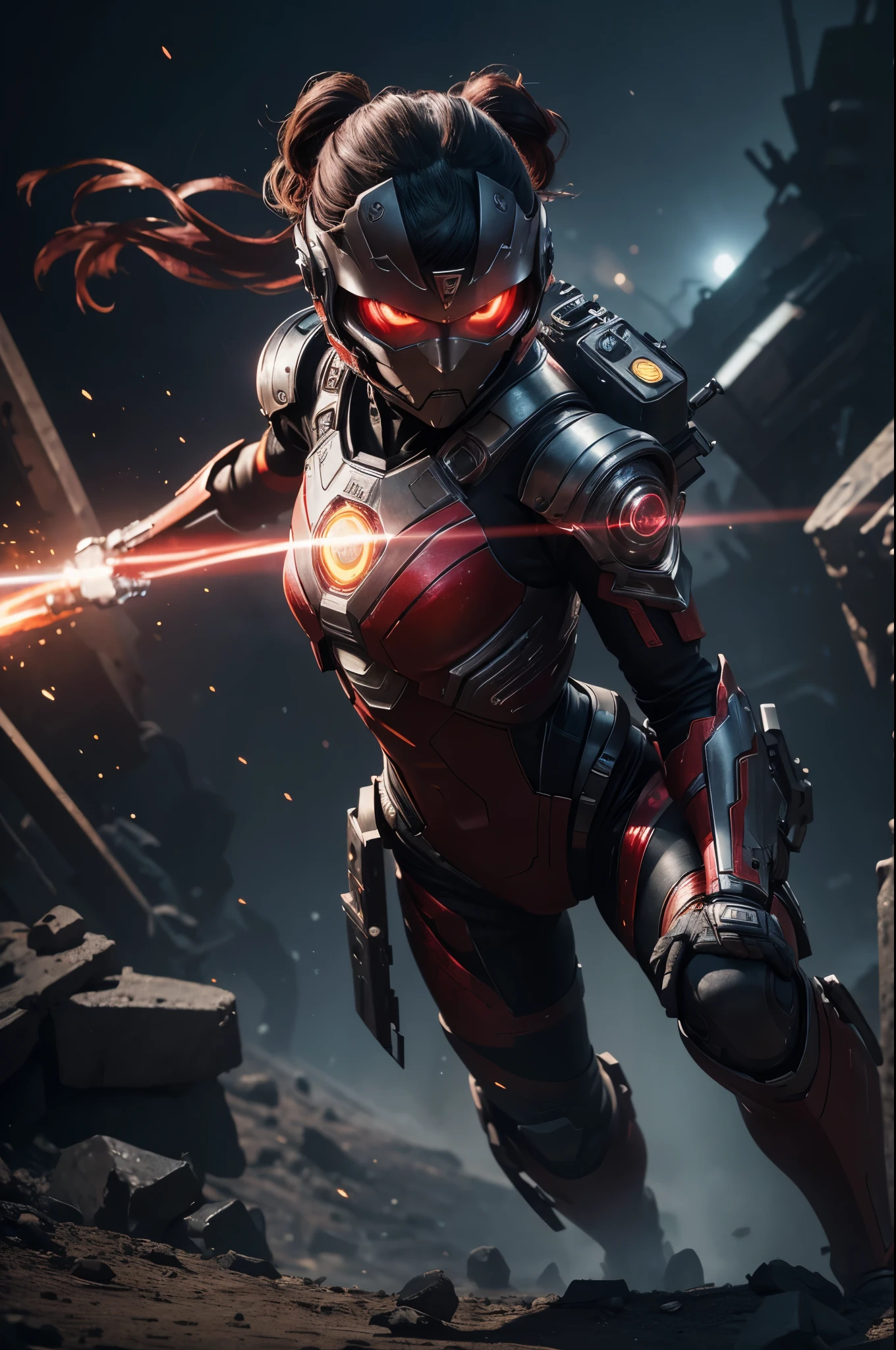 8K,3D,(special effects),Space Detective,A woman wearing a red and black combat suit,2Two mono-eyes shine,fighting pose,wasteland,action scene,action pose,masterpiece,Photorealistic RAW photos of the highest quality。bright colors,rich colors, Backlight, cinematic lighting, film grain, 50mm lens, Nikon D850,beautiful expression,fantasy art,character art,ultra high resolution,Metal luster,countless LEDs(Mr.々Colorful glowing effect),metallic red and silver combat suit,Precise female external skeleton,prepare yourself,