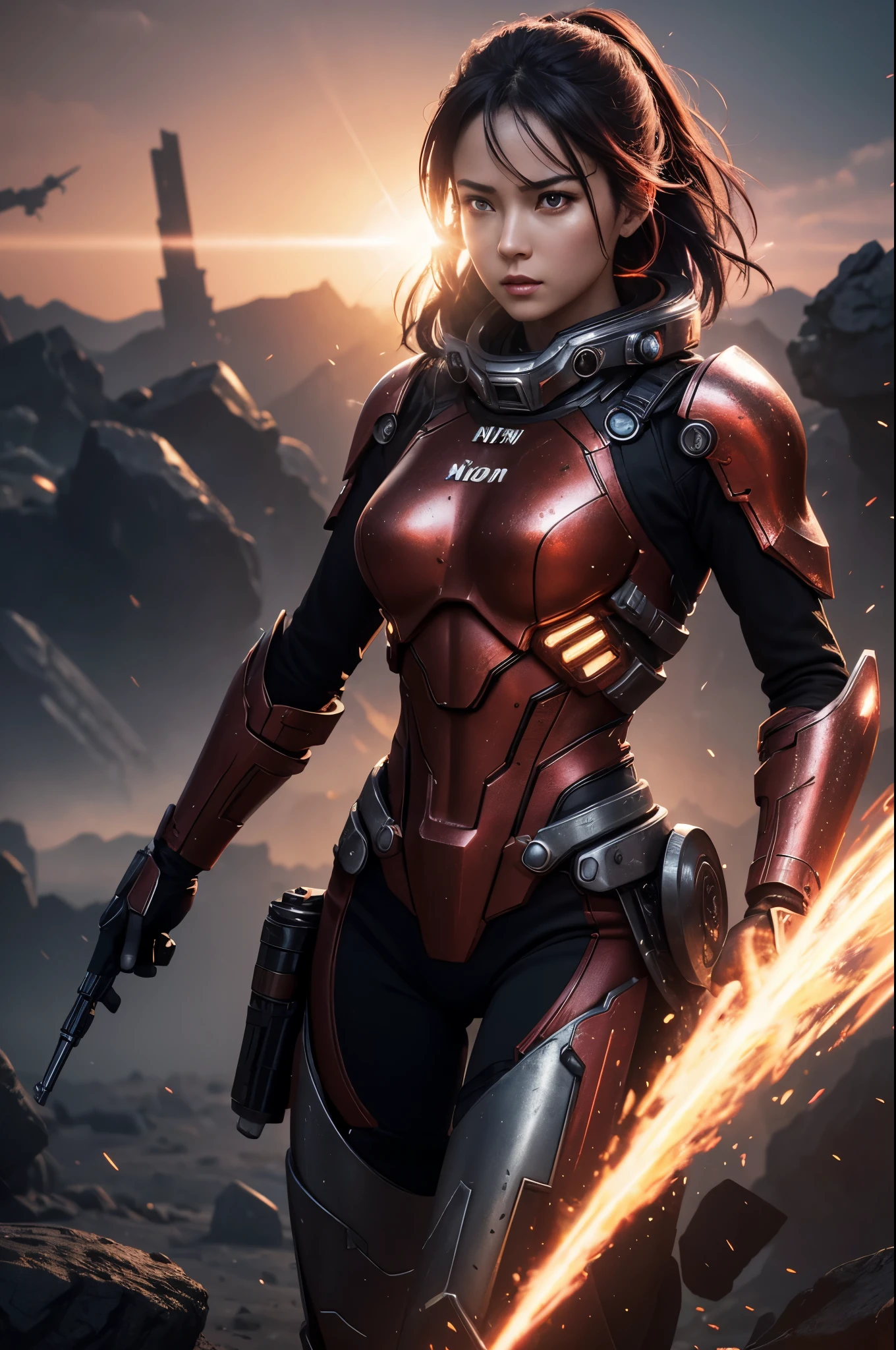 8K,3D,(special effects),Space Detective,A woman wearing a red and black combat suit,2Two mono-eyes shine,fighting pose,wasteland,action scene,action pose,masterpiece,Photorealistic RAW photos of the highest quality。bright colors,rich colors, Backlight, cinematic lighting, film grain, 50mm lens, Nikon D850,beautiful expression,fantasy art,character art,ultra high resolution,Metal luster,countless LEDs(Mr.々Colorful glowing effect),metallic red and silver combat suit,Precise female external skeleton,prepare yourself,