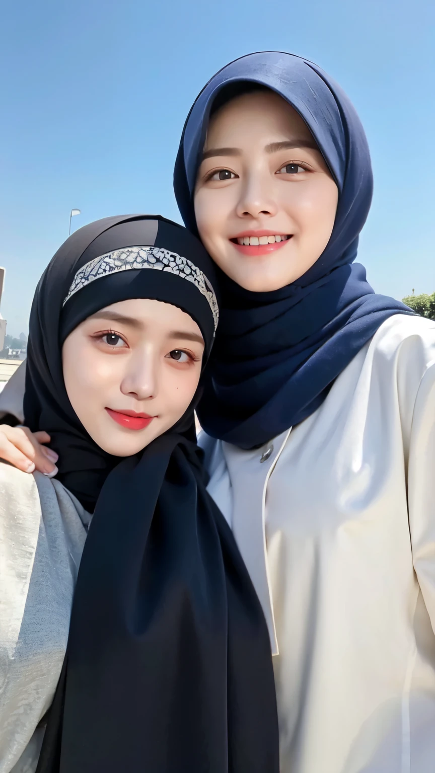 Three women in hijab blue collor, ((Best quality, 8k, Masterpiece :1.37)), (three women in hijab blue collor, smile), multiple people , three women in hijab blue collor, position:standing, style model, (three women in hijab blue collor), beautiful face, Beautiful detailed eyes, Korean eyes, nose detail, Natural Lips, 18 year old girl, black hair, very detailed face, ultra detailed body, slim body, smiling lips, erotic girl body, detailed breasts, Wearing Muslim hijab blue , luxurious jubba thobbe, blue sky view, slim body, realistic face, three women wearing hijabs