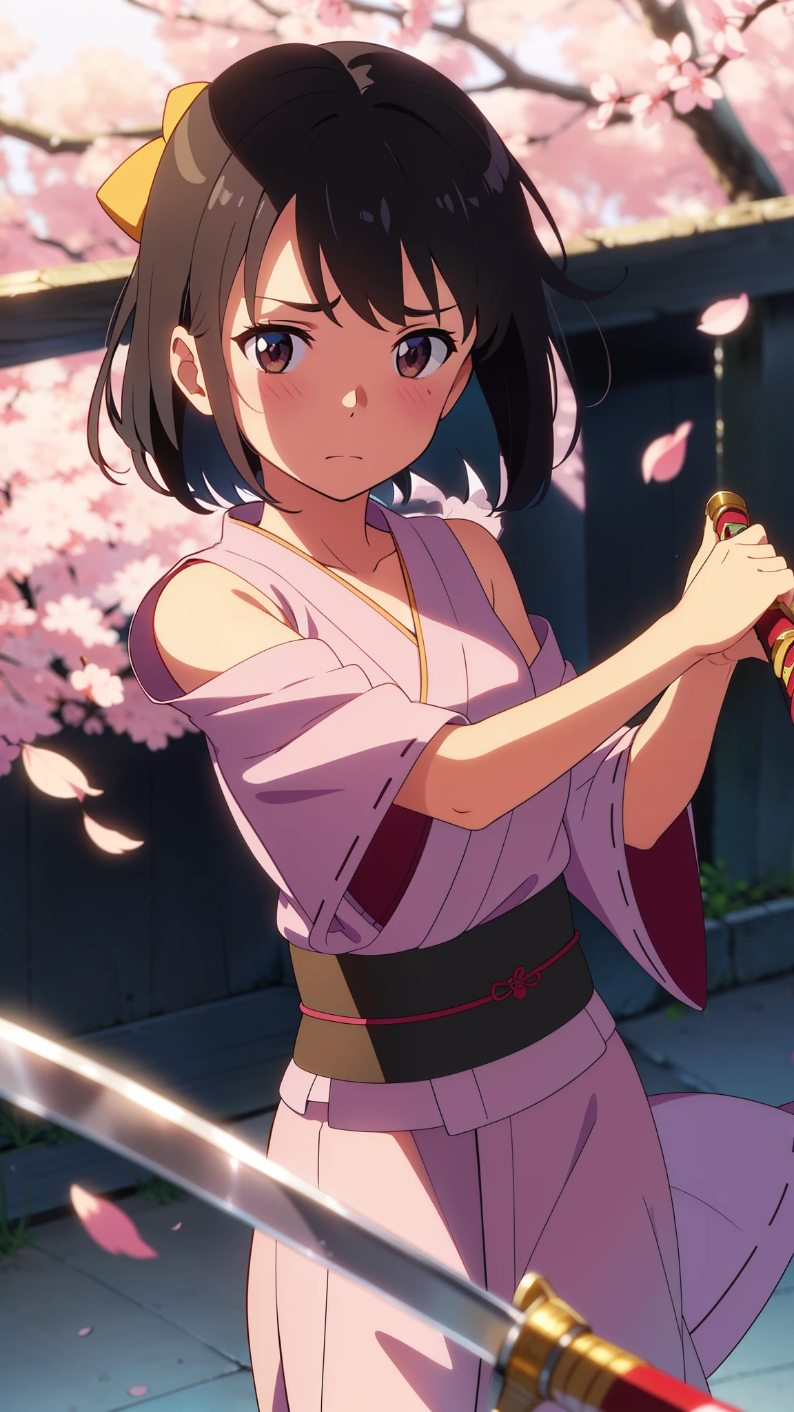 shinkai makoto, kimi no na wa., 1girl, bangs, black hair, blush, brown eyes, shiny skin, cute, shrines, shrine maiden clothes, Off-the-shoulder, looking at the viewer, short hair, solo, Fighting Stance, Despair Face, {The perfect sword, samurais, Straight Katana, Holding a straight sword, Straight knife}, nightcity, Cherry blossoms are dancing