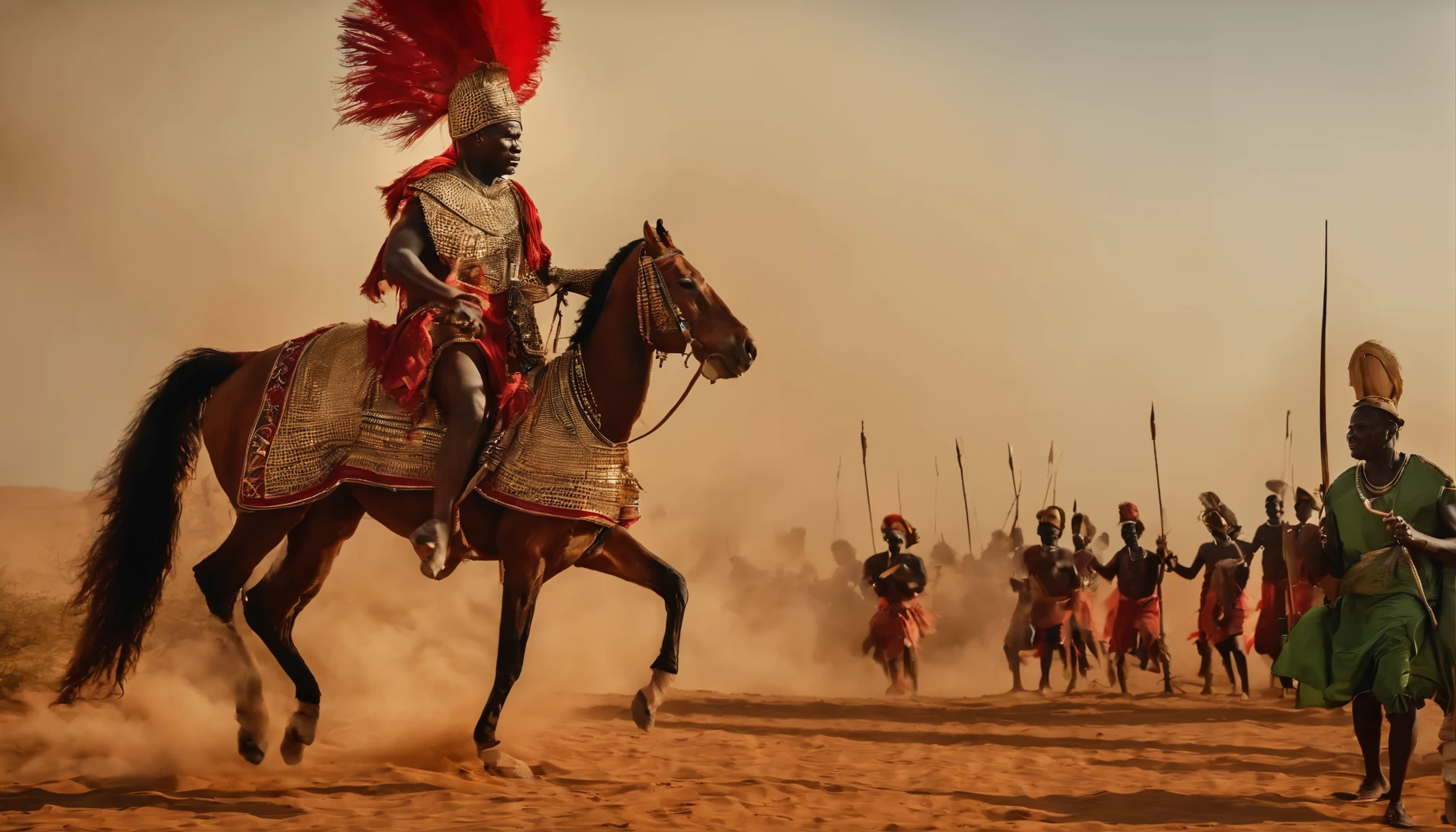 An army of african people some on horses and some not in front a king with a horse fully armed