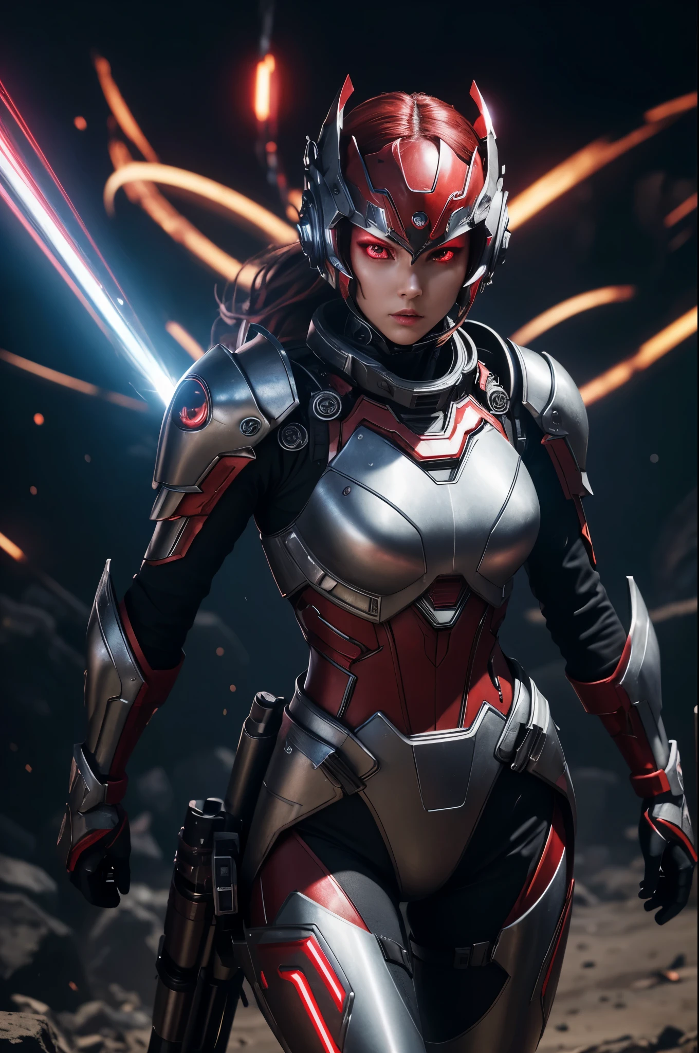 8K,3D,(special effects),Space Detective,red and black combat suit for women,２Two mono-eyes shine,fighting pose,wasteland,action scene,action pose,masterpiece,Photorealistic RAW photos of the highest quality。bright colors,rich colors, Backlight, cinematic lighting, film grain, 50mm lens, Nikon D850,beautiful expression,fantasy art,character art,ultra high resolution,Metal luster,countless LEDs(Mr.々Colorful glowing effect),metallic red and silver combat suit,Precise female external skeleton,prepare yourself,