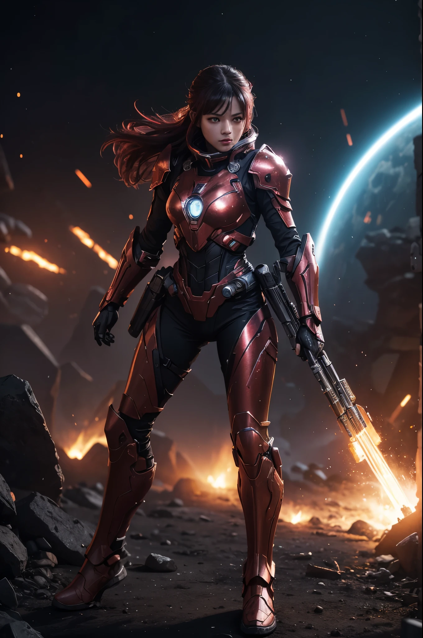 8K,3D,(special effects),Space Detective,red and black combat suit for women,２Two mono-eyes shine,fighting pose,wasteland,action scene,action pose,masterpiece,Photorealistic RAW photos of the highest quality。bright colors,rich colors, Backlight, cinematic lighting, film grain, 50mm lens, Nikon D850,beautiful expression,fantasy art,character art,ultra high resolution,Metal luster,countless LEDs(Mr.々Colorful glowing effect),metallic red and silver combat suit,Precise female external skeleton,prepare yourself,