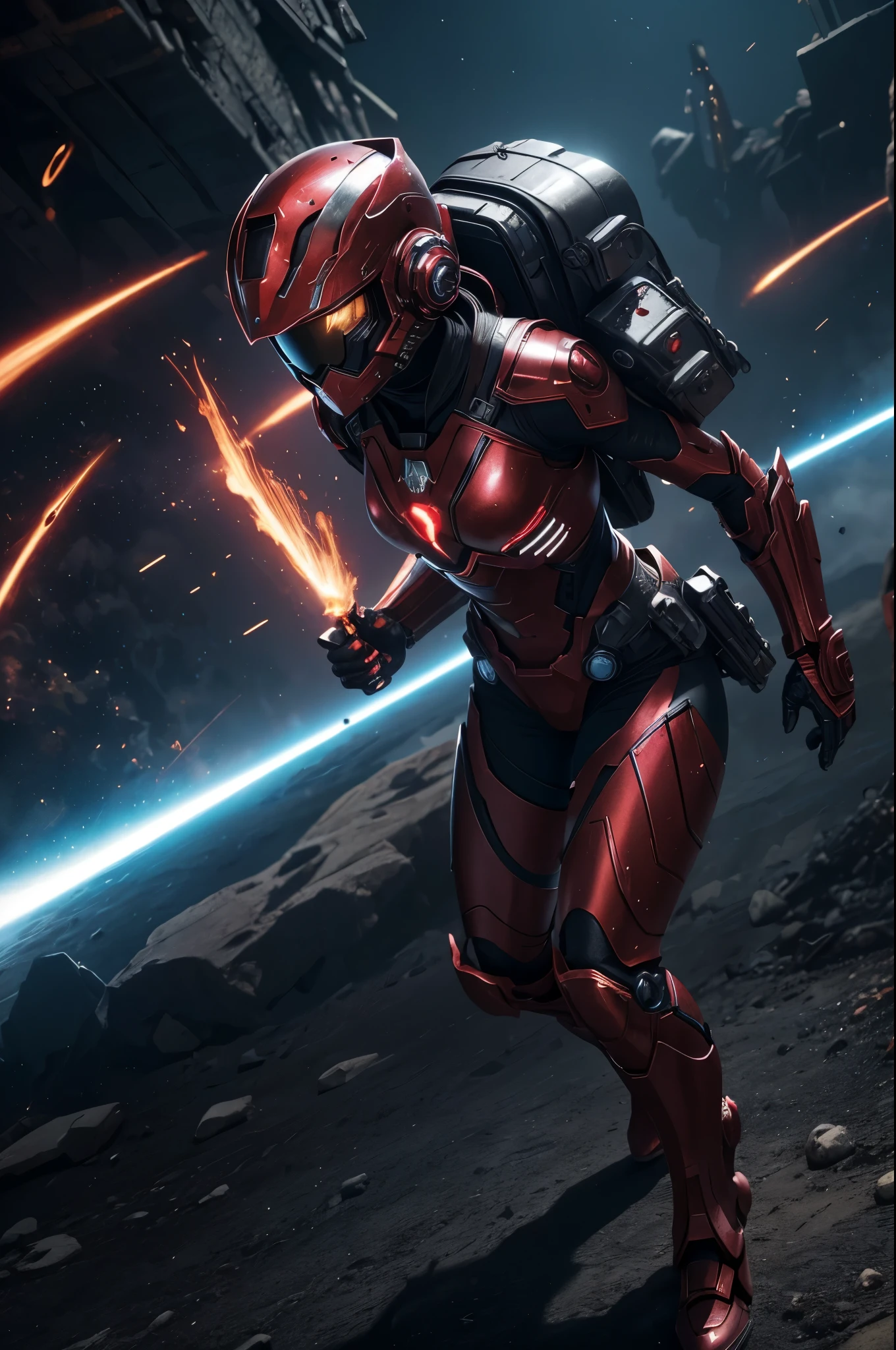 8K,3D,(special effects),Space Detective,red and black combat suit for women,2Two mono-eyes shine,fighting pose,wasteland,action scene,action pose,masterpiece,Photorealistic RAW photos of the highest quality。bright colors,rich colors, Backlight, cinematic lighting, film grain, 50mm lens, Nikon D850,beautiful expression,fantasy art,character art,ultra high resolution,Metal luster,countless LEDs(Mr.々Colorful glowing effect),metallic red and silver combat suit,Precise female external skeleton,prepare yourself,