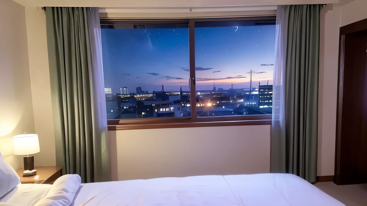 room, room, bed with curtains, window, window with a view of the stars