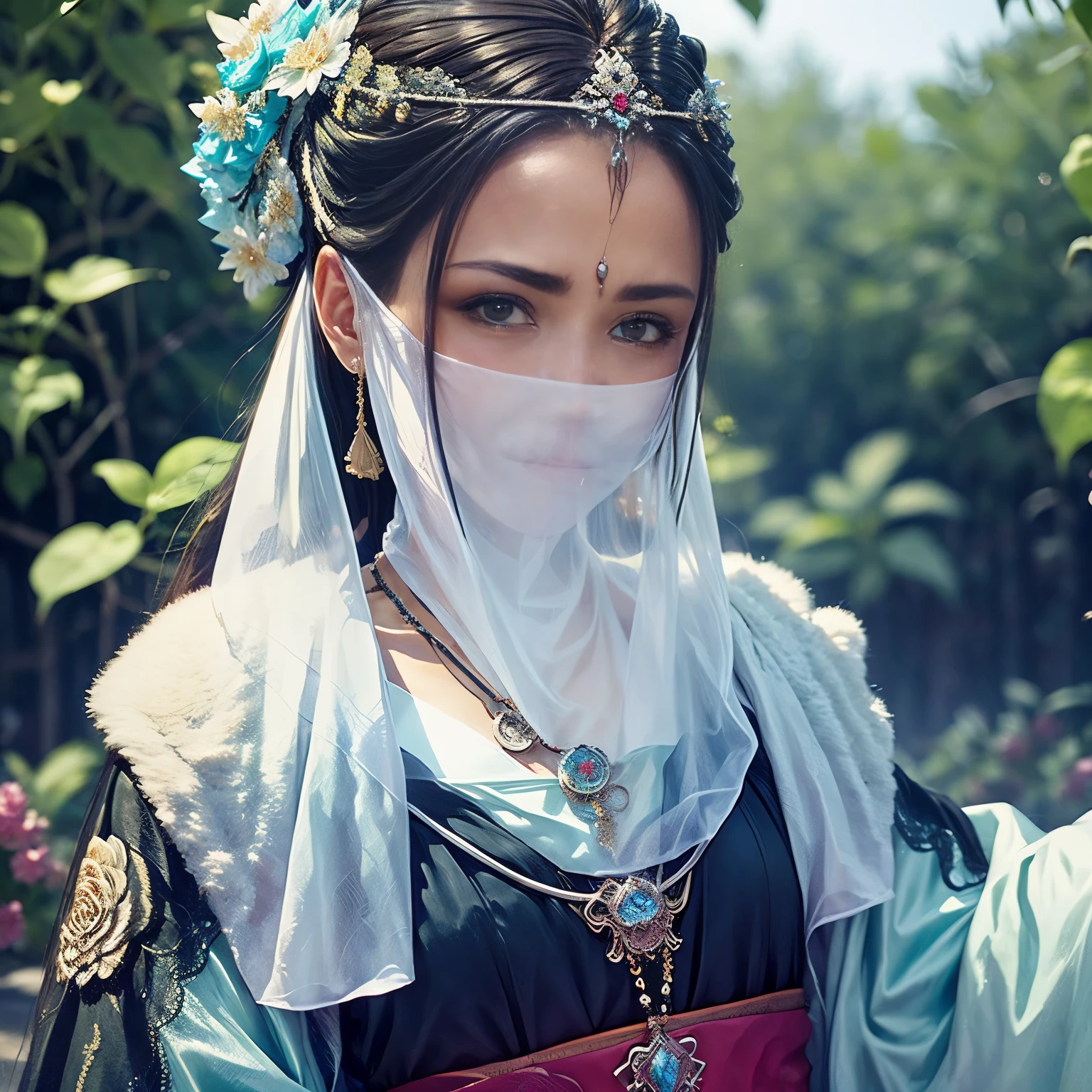 Head close-up，Eyes are very delicate，Gorgeous green Hanfu，（（（hair accessories）））（（（veil））），necklace，（（（a garden with many flowers））， （（intricate details））， （（Surrealism））（8k）