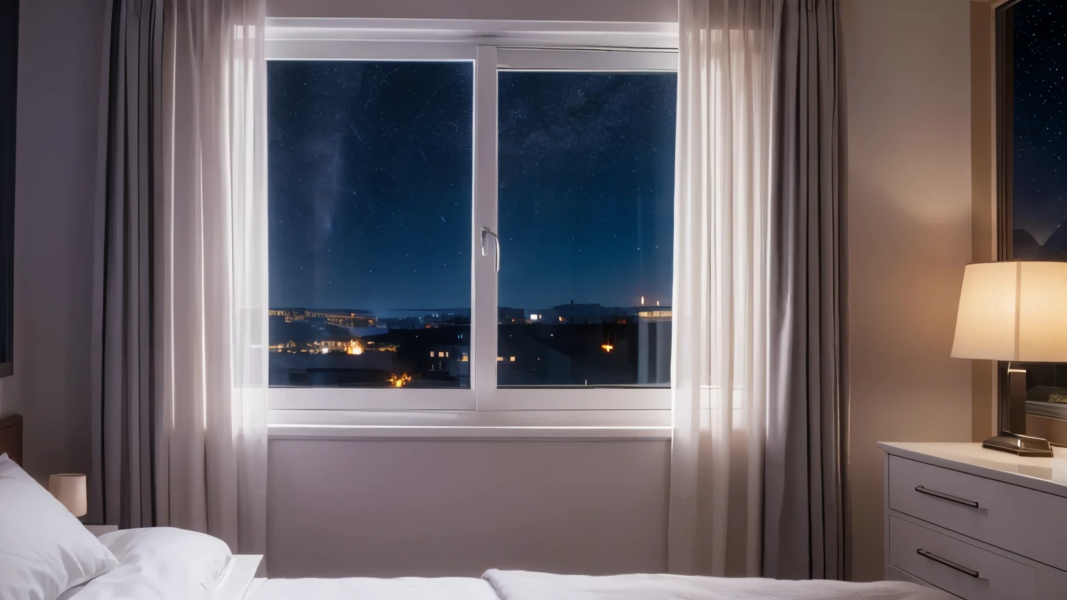 room, room, bed with curtains, window, window with a view of the stars