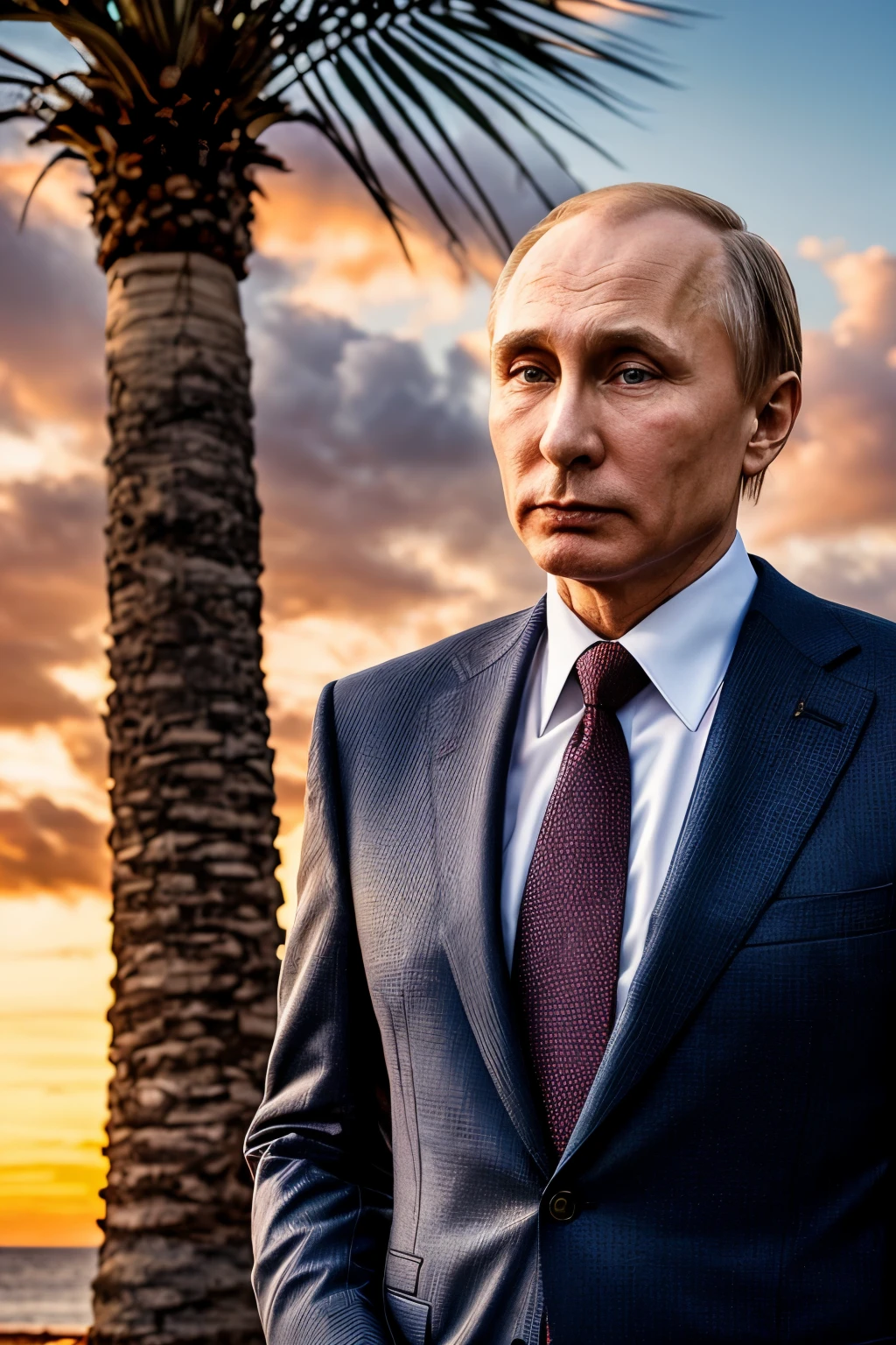 (RAW style, masterpiece, best quality, ultra-detailed), Putin in Brazil, formal suit, sunset, serene expression, palm trees, vibrant colors, film noir style, (textured skin, grainy texture), cinematic light, backlighting, ultra high res
Putin, dressed in a formal suit, is captured in the heart of Brazil against the backdrop of a breathtaking sunset. The scene is rich with palms trees and a vibrant color palette, evoking a distinct film noir atmosphere. Putin's face exhibits a serene expression, reflecting the tranquility of the moment. The intricate textures of Putin'