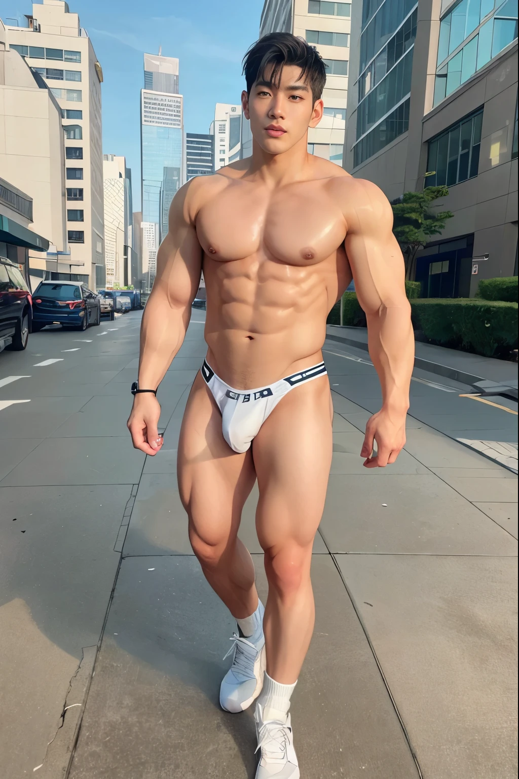 HOMEM COREANO, PEITO MUSCULAR, bulge , athletic physique, smirking, swelling muscular man, no body hair, wearing suit , Realistic, fully suit, nude, perfect , male , business man, using Samsung smart phone, in a downtown street with skyscrapers background, Full body shot,