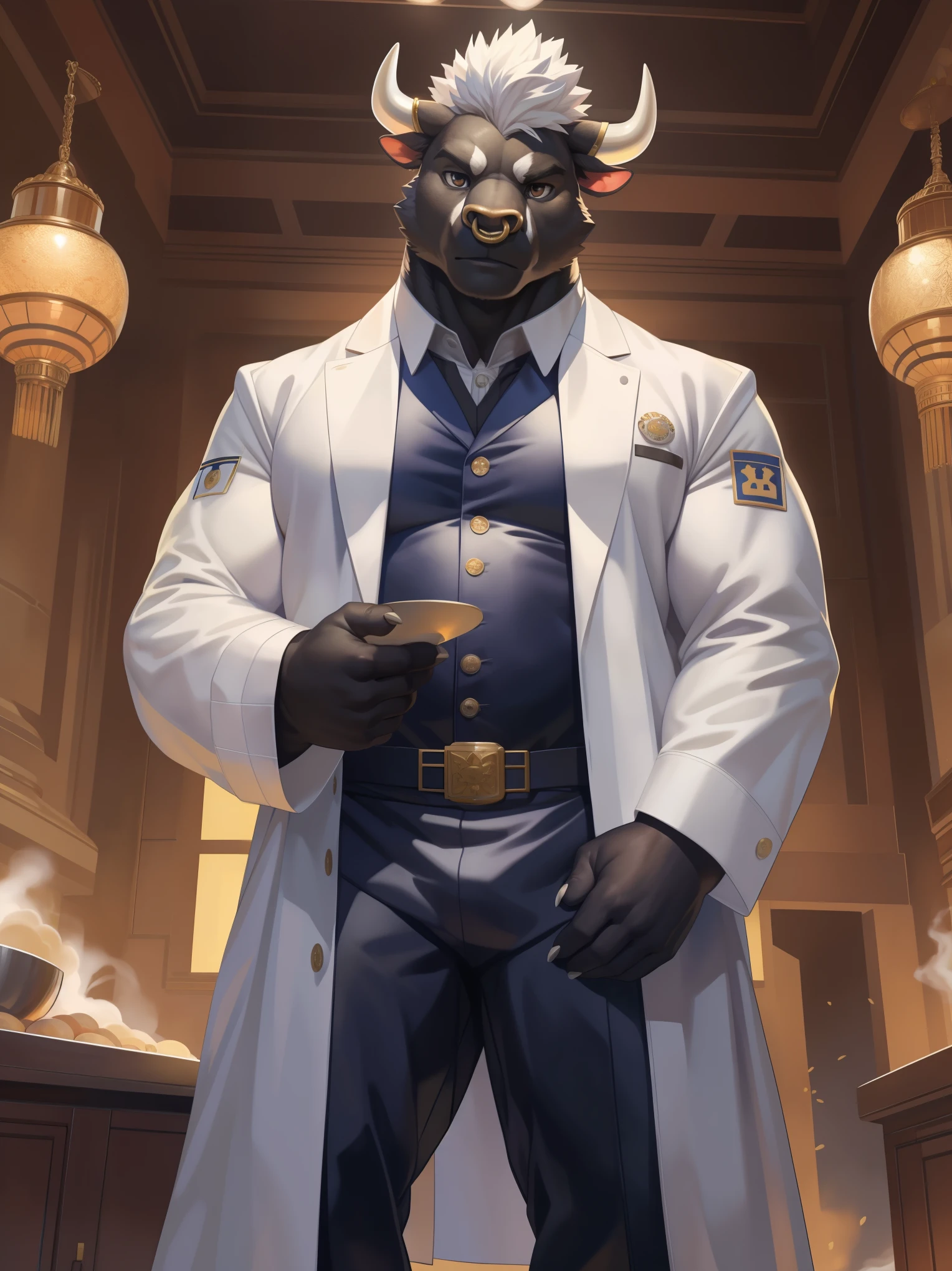 solo,anthro,furry,furry male, ((Bull)), ((fluffy fur,fluffy,furry body)), (Black fur, Bull), (black body), brown eyes, Nose Ring, tails, detailed fluffy fur, chef cooat, detailed face, detailed eyes, short hair, white mohawk, white decorative chef coat,  uniform, gold trimmings, white pants, gold ring, coat, white shirt, gold buttons, coat on shoulders, full body, claws, fantasy grand hall, Kitchen, (by null-ghost,by raccoon21, masterpiece, high quality,hi-res,8k had), standing,close-view portrait, looking at viewer, indoor, (statues), lights, serious expression, dark shadows, banners, powerful pose, pans, carpet, flag,