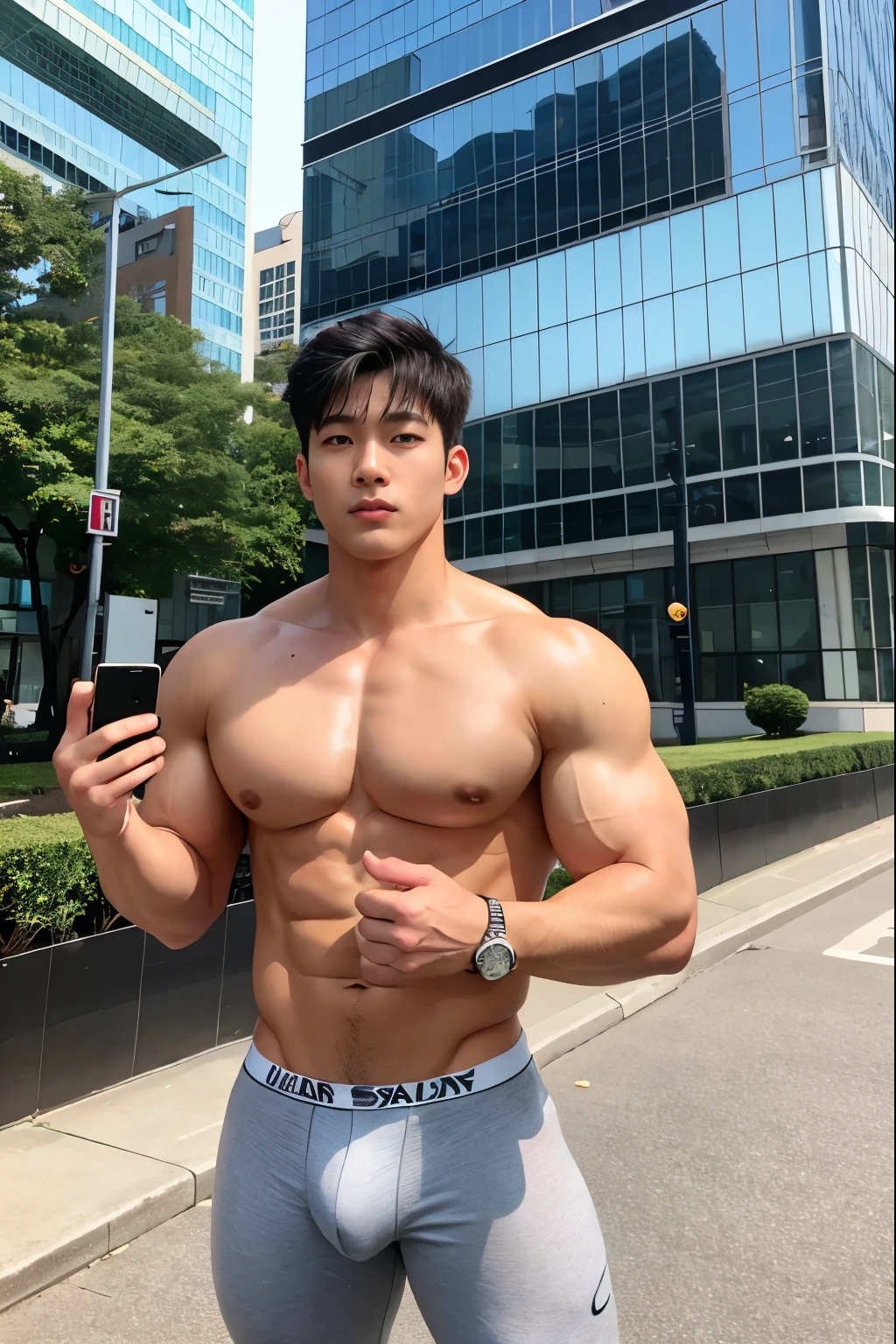 HOMEM COREANO,  PEITO MUSCULAR, bulge ,  athletic physique, smirking, swelling muscular man, no body hair, wearing suit , Realistic, fully suit, nude, perfect , male , business man, using Samsung smart phone, in a downtown street with skyscrapers background, Full body shot,