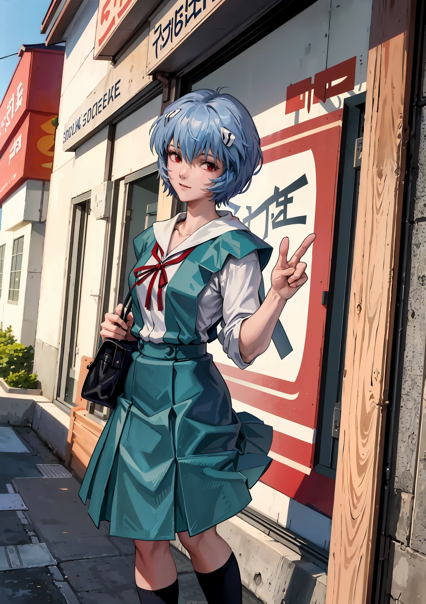 Masterpiece, Best Quality, 1girl, Ayanamirei, Tokyo-3 middle school uniform, red ribbon, school uniform, black socks, looking at the viewer, light smile, city park, upper body,