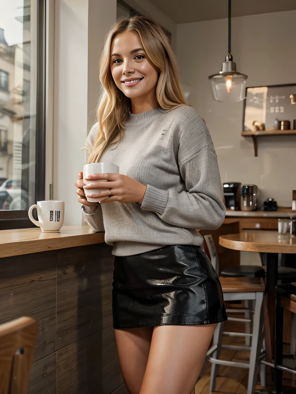 normal photo, pretty hot blonde woman , smile , drinking coffee , in coffee shop, beautiful gray sweater, black skirt,one mug