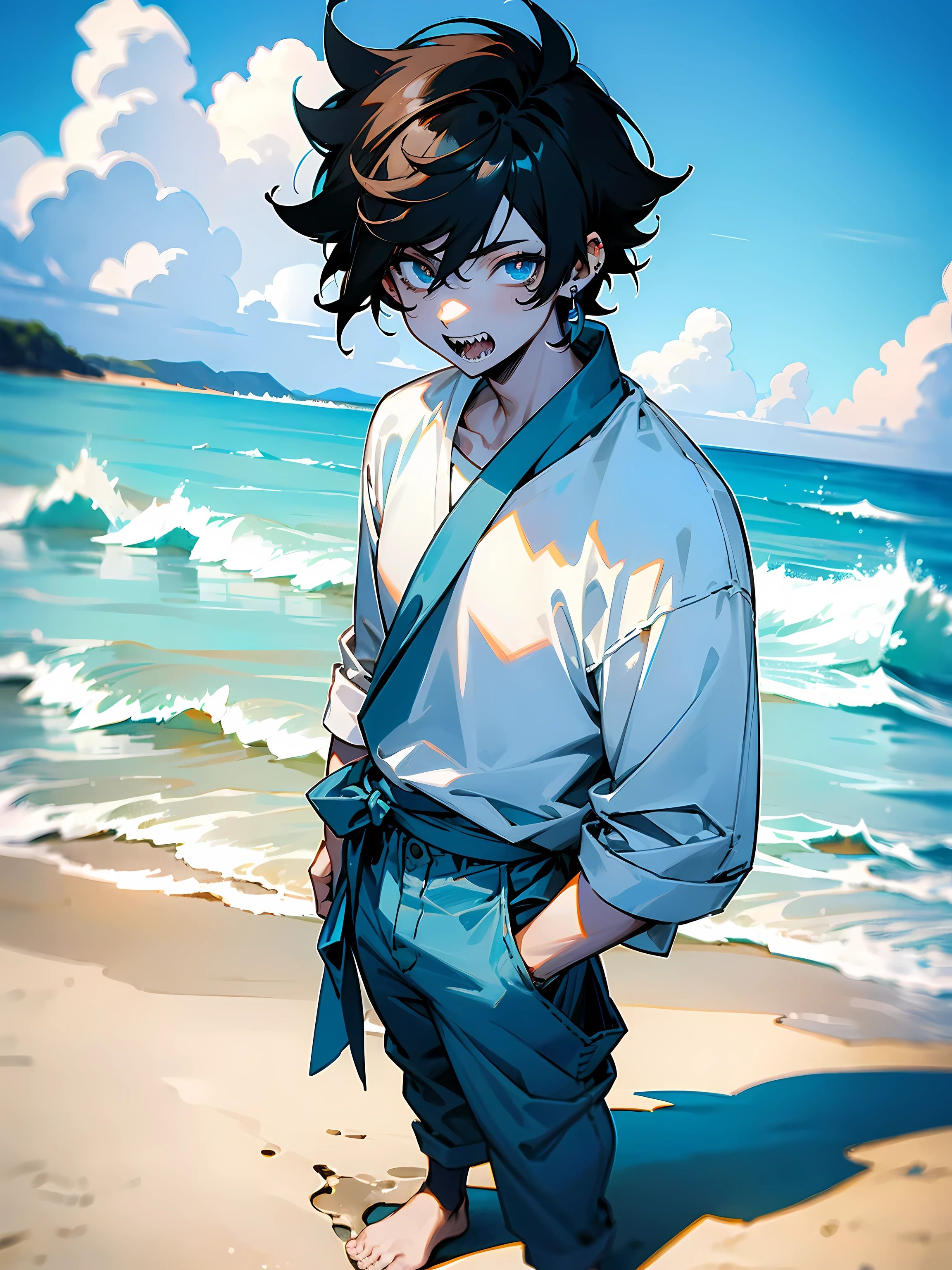 1male, Anime, Short Black Hair, messy hair, Hazel Eyes, White Shirt, Blue baggy pants, Sharp teeth, Earrings, blue skin tone, Beach Background, standing on path