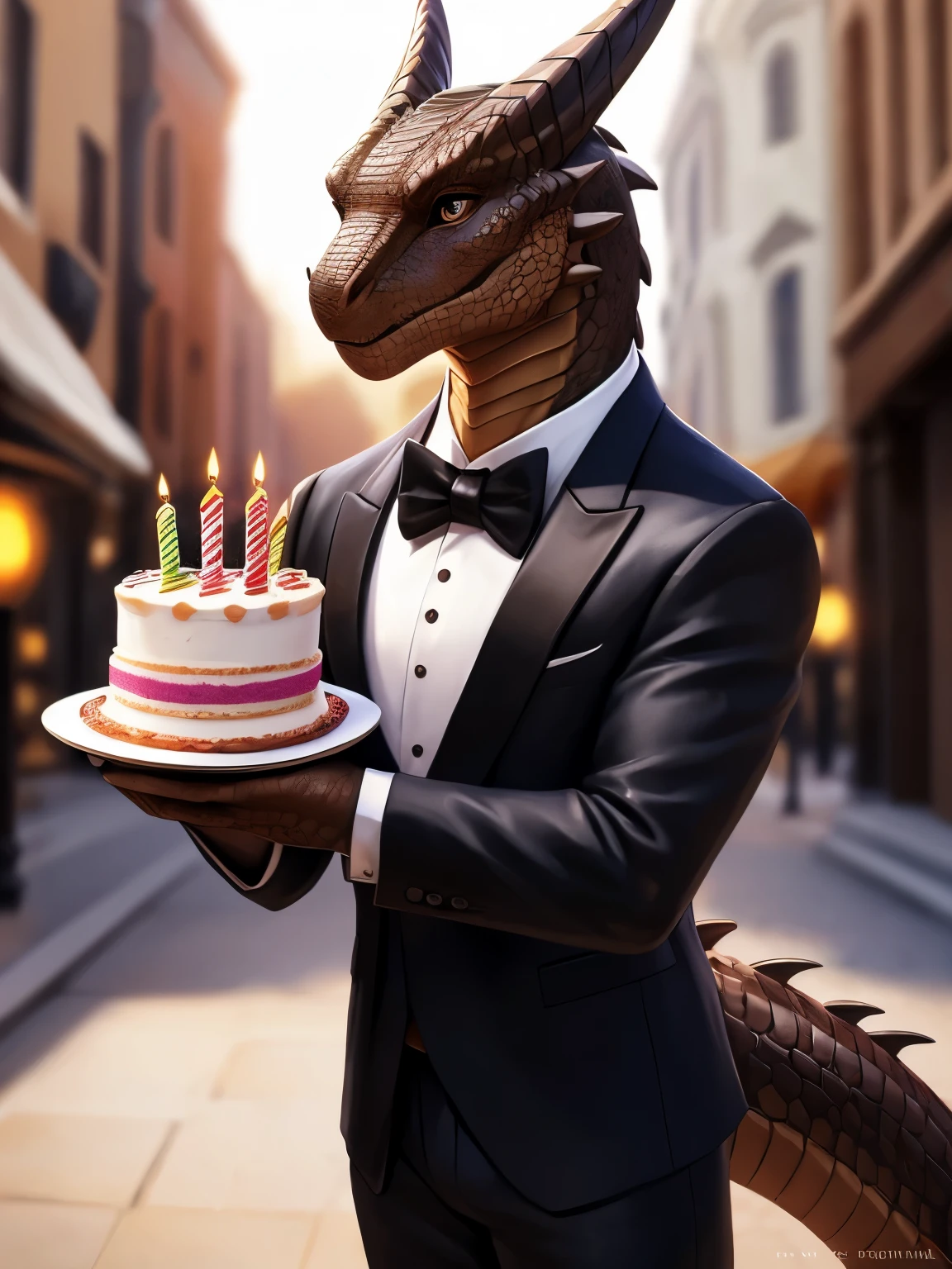 (by pixelsketcher:0.6), (by personalami :0.6), solo,male, dragon,scale, lizard ,detailed background, (cinematic lighting:1.1), (perfect focus:1.1), 8k hd, photo, (detailed eyes:1.2),depth of field, bokeh, subsurface scattering, wide ,(suit, tuxedo, elegant suit,holding a cake, birthday cake),full body, bright colors, (furry detail),((simple background, white background, single color background))photorealistic, ultra realistic,realistic, photorealistic,smile,(scale),(realistic scales:1.1),(tail), (extreme scale),solo,((Brown scales,Brown skin)), Brown eyes, beautiful brown eyes, detailed eyes,